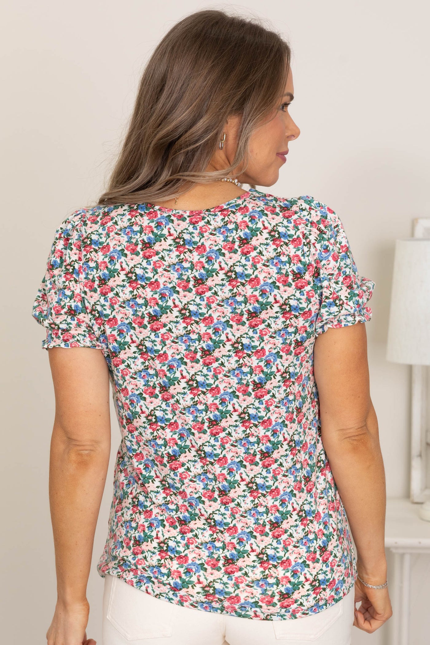 Ivory Smocked Cuff Short Sleeve Floral Top