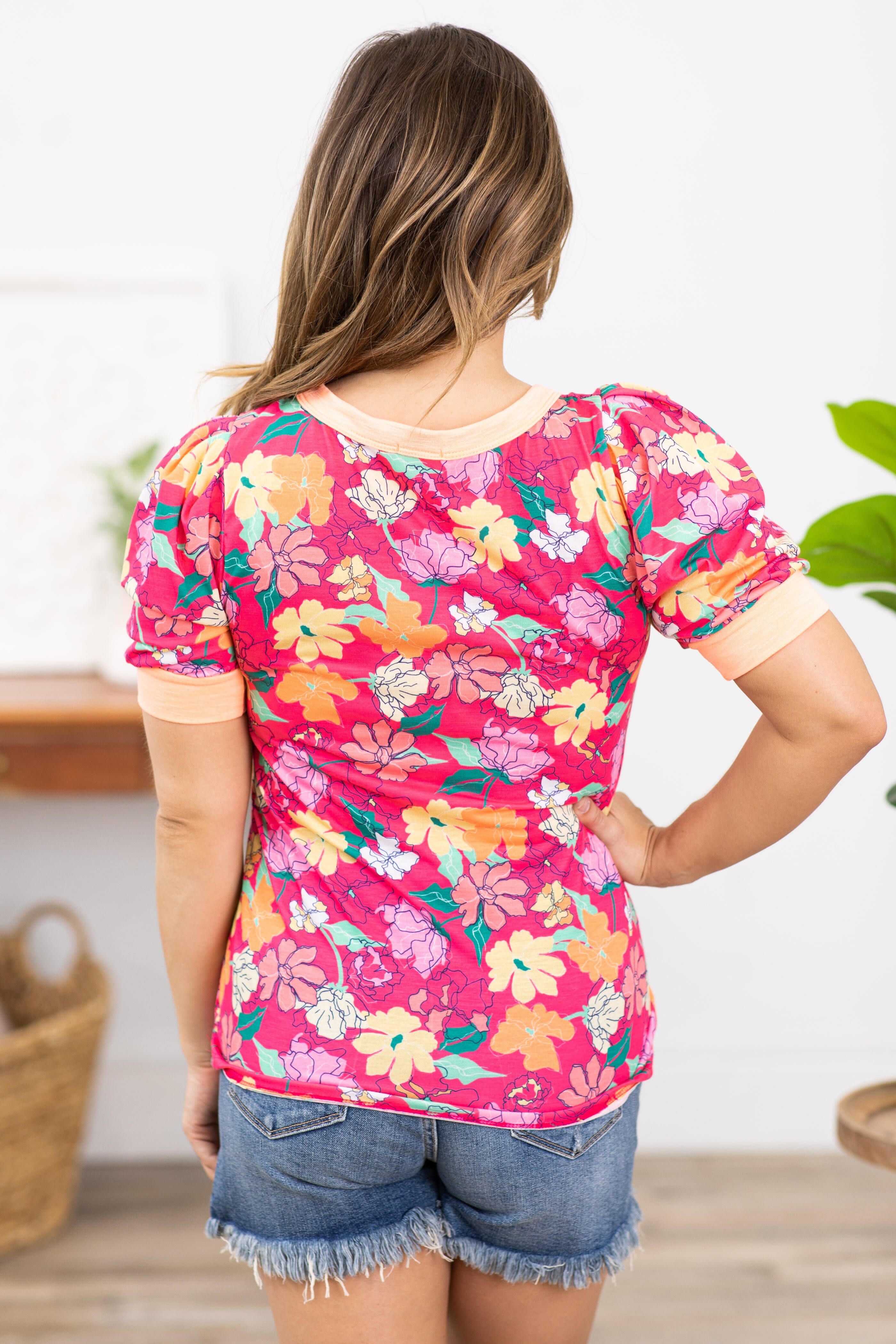 Pink Multicolor Floral Contrast Trim Top - Filly Flair