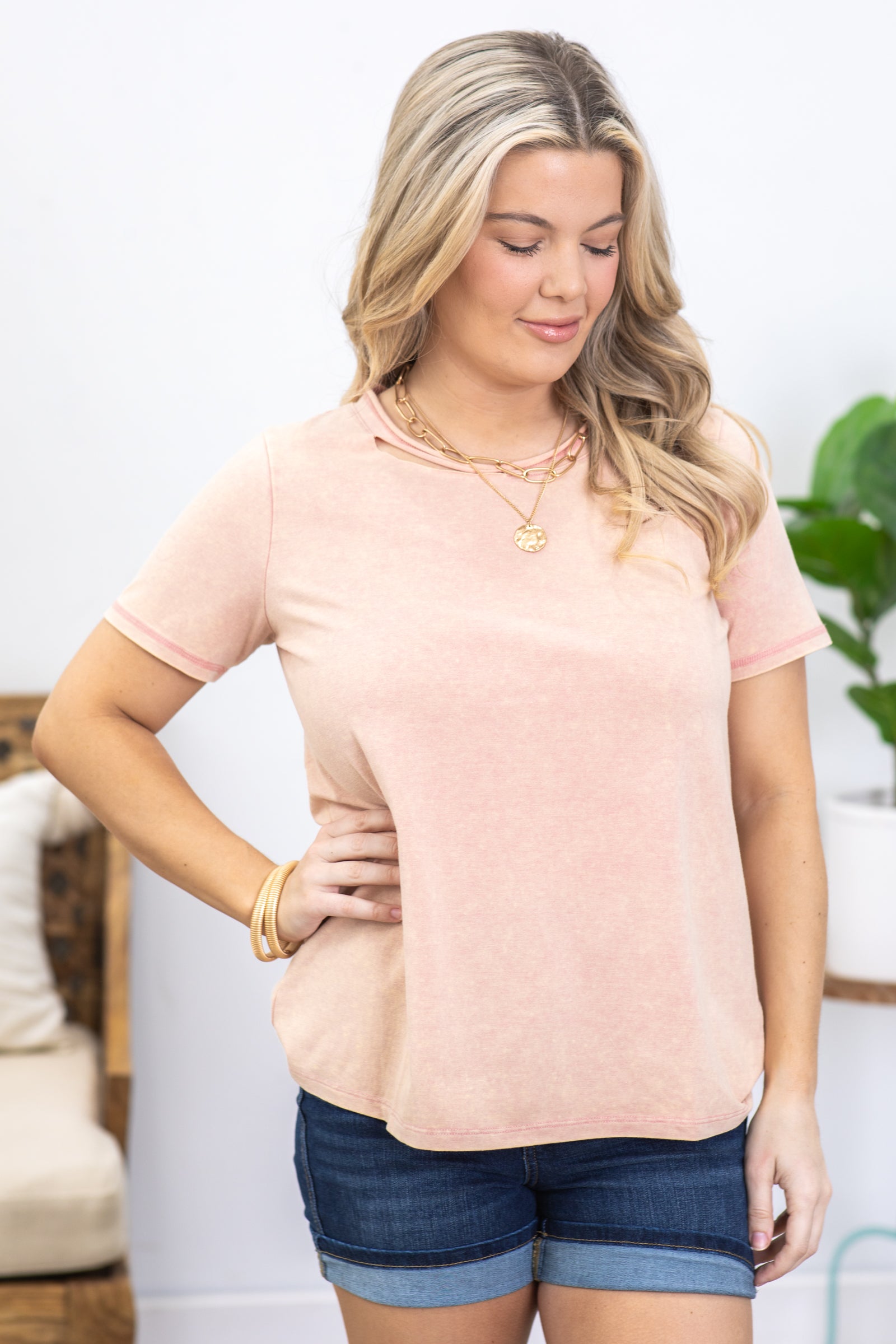 Peach Stone Washed Cutout Neck Knit Top