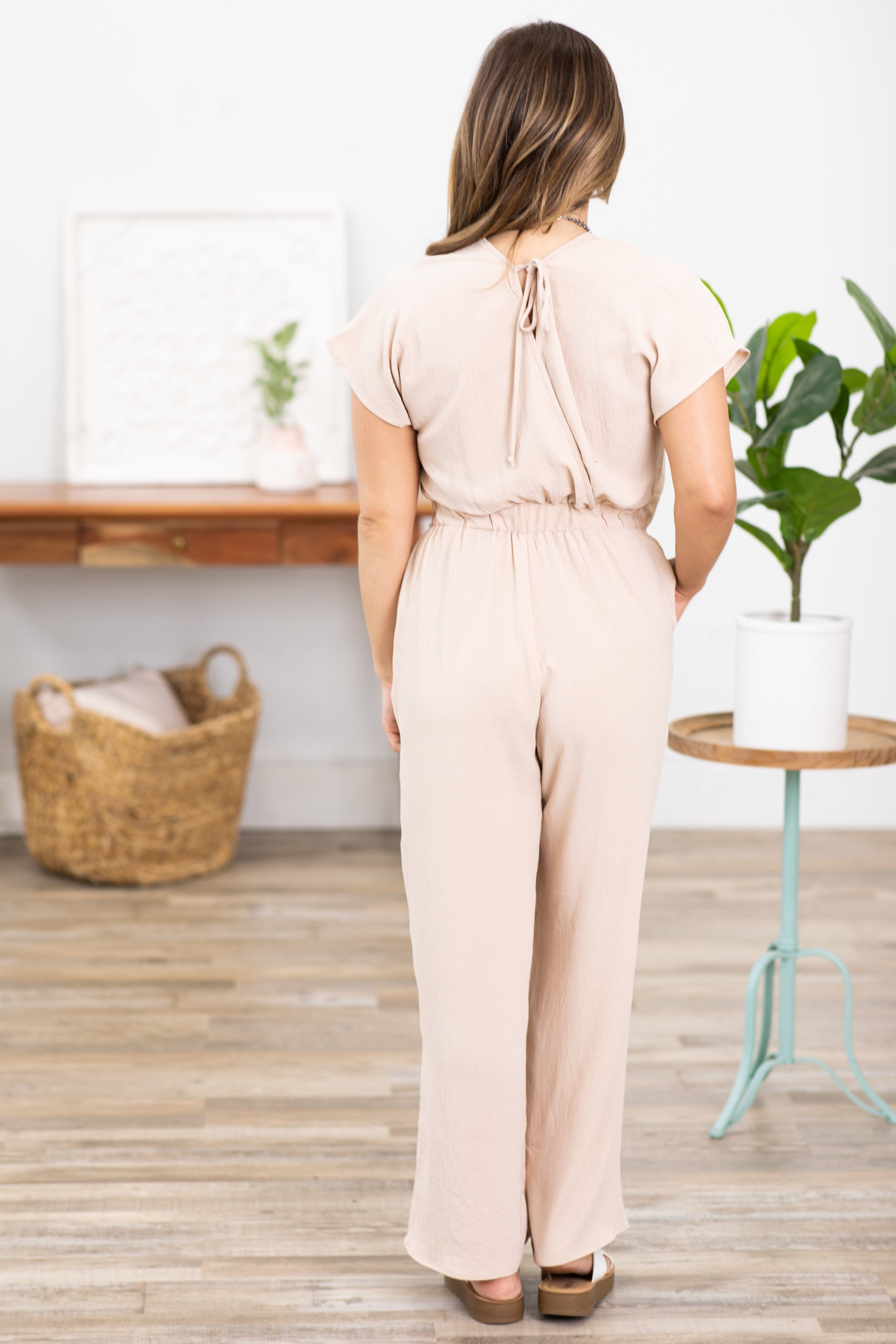 Beige Short Sleeve Popover Jumpsuit - Filly Flair