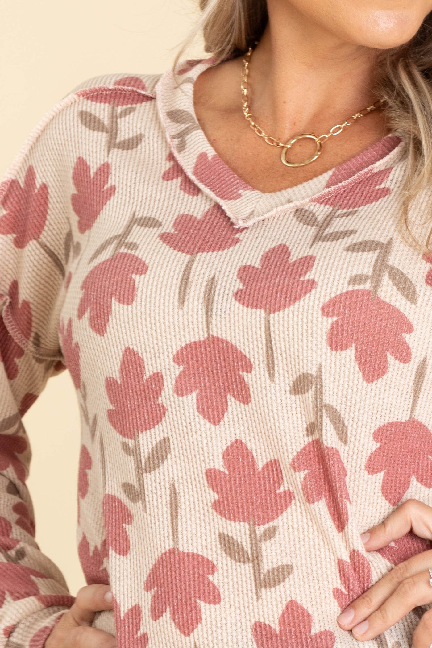 Tan And Terracotta Leaf Print Knit Top