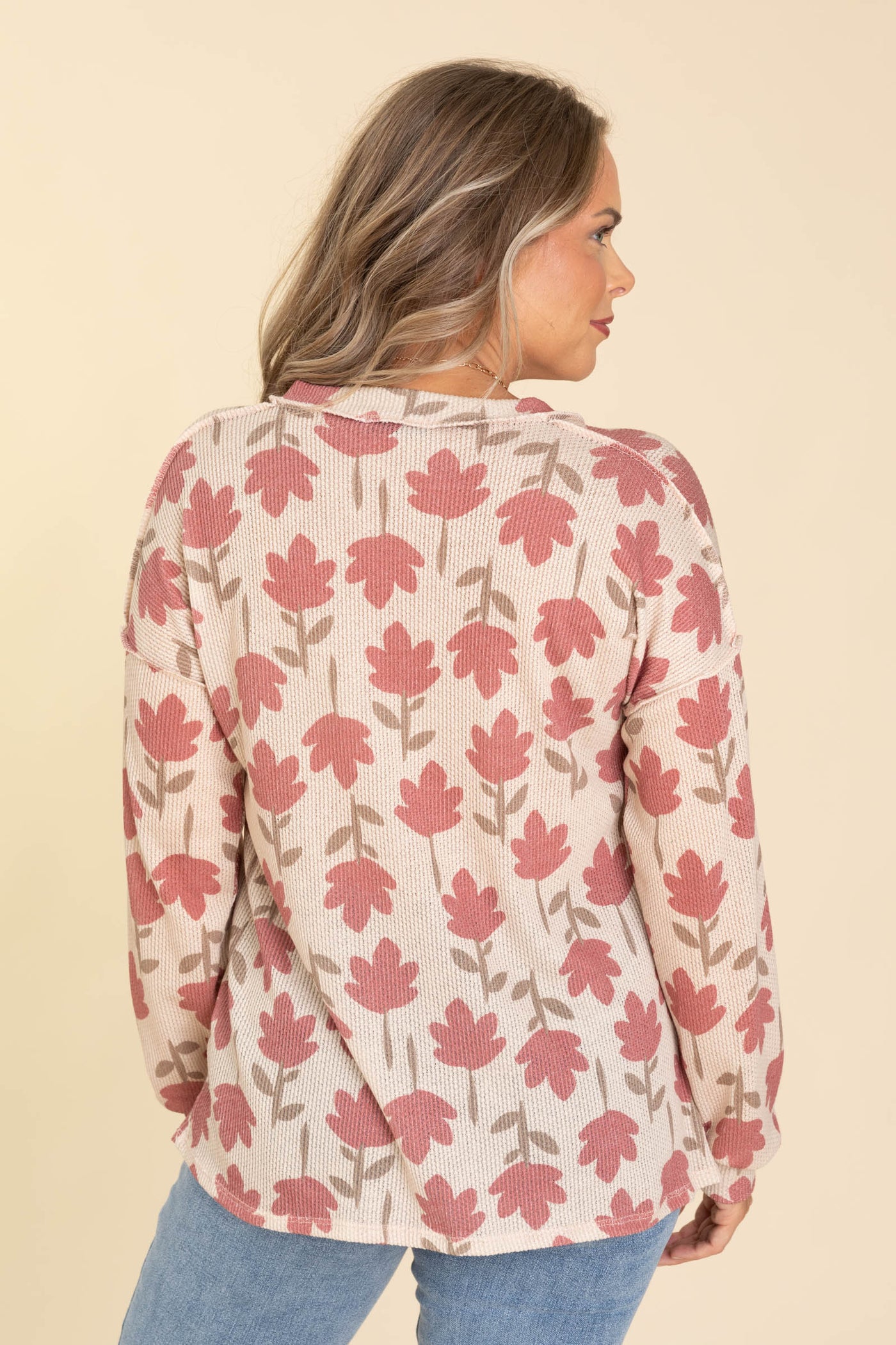 Tan And Terracotta Leaf Print Knit Top