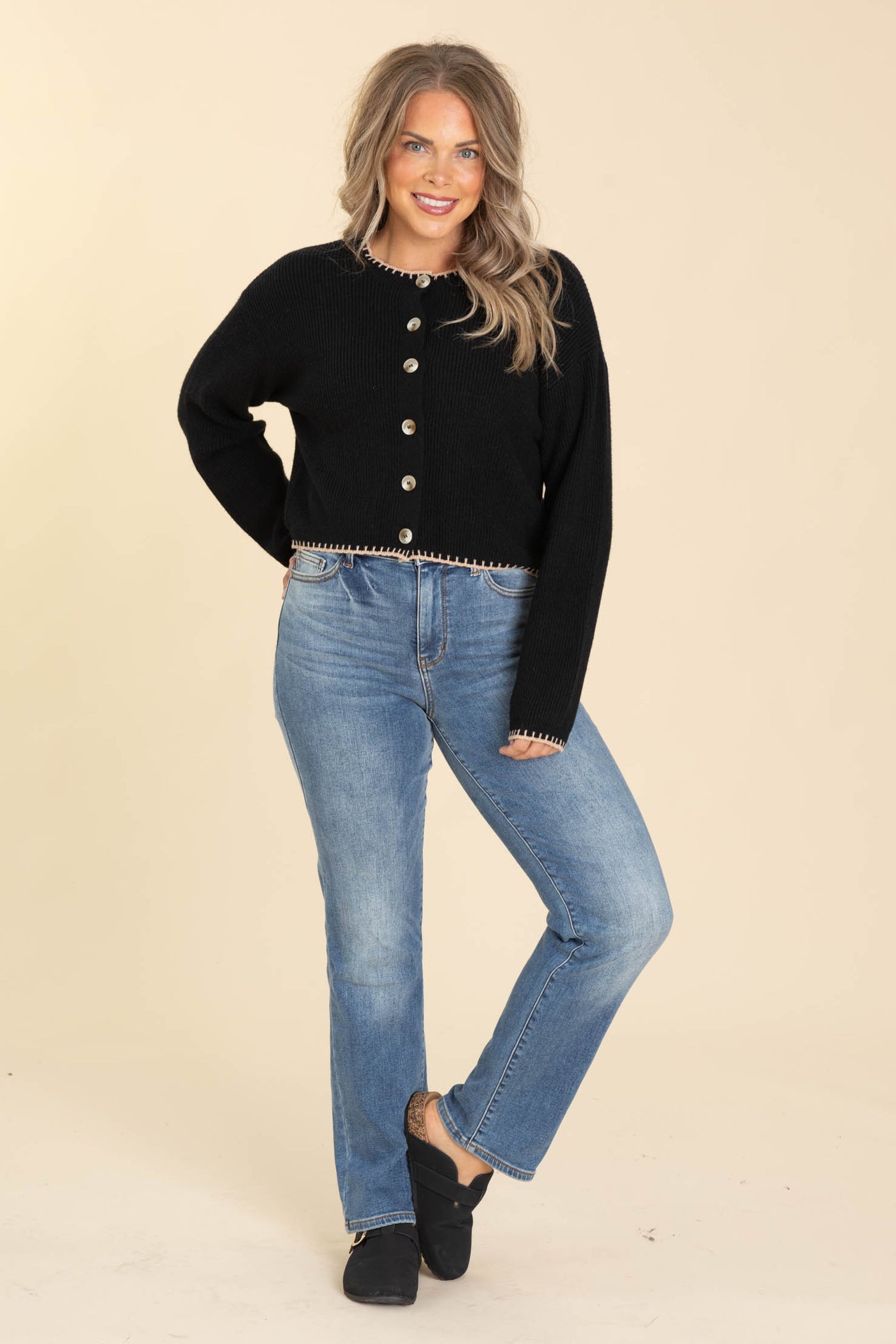 Black Button Up Cardigan With Tan Trim Detail