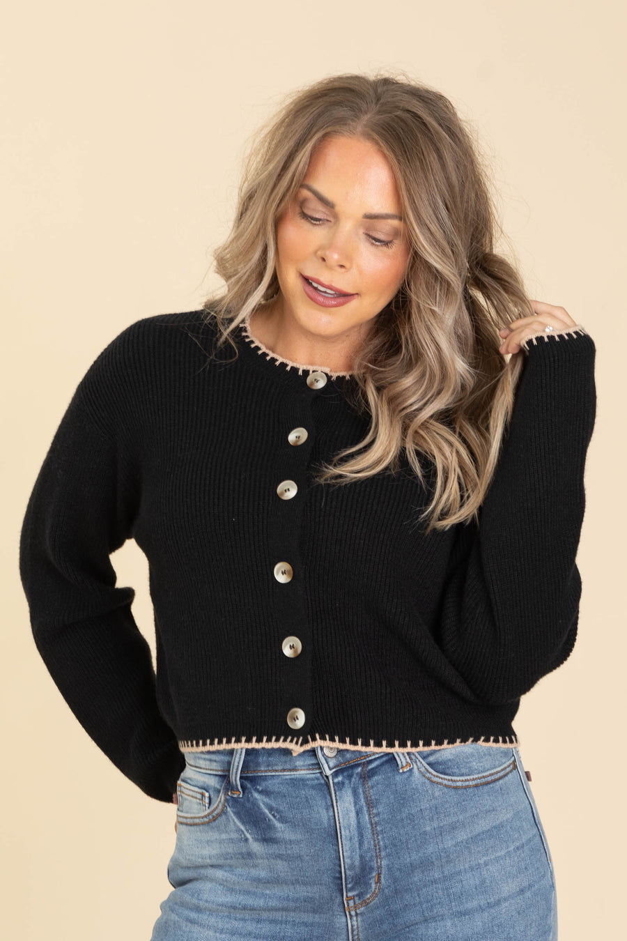 Black Button Up Cardigan With Tan Trim Detail