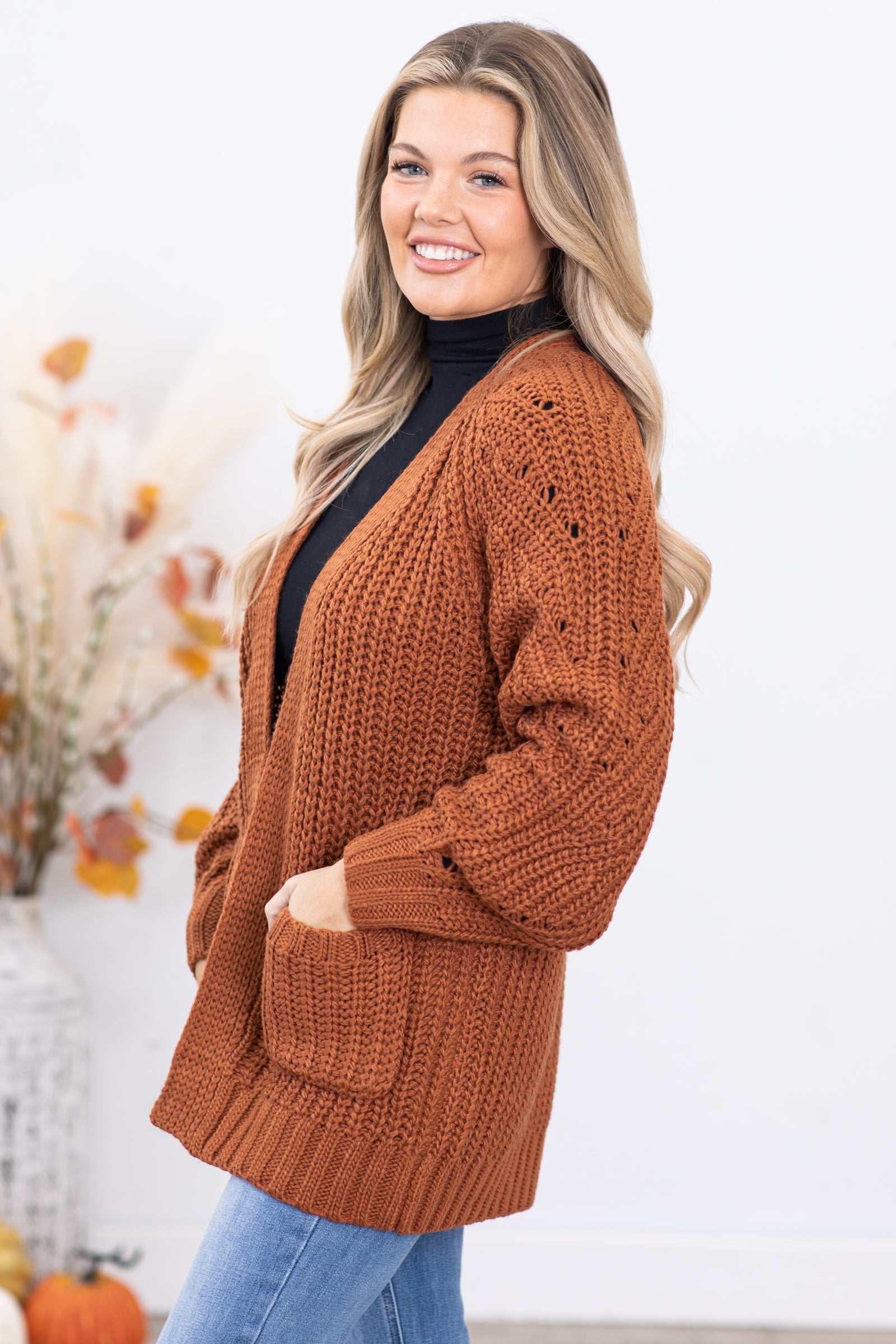 Cognac Chunky Knit Cardigan With Pockets