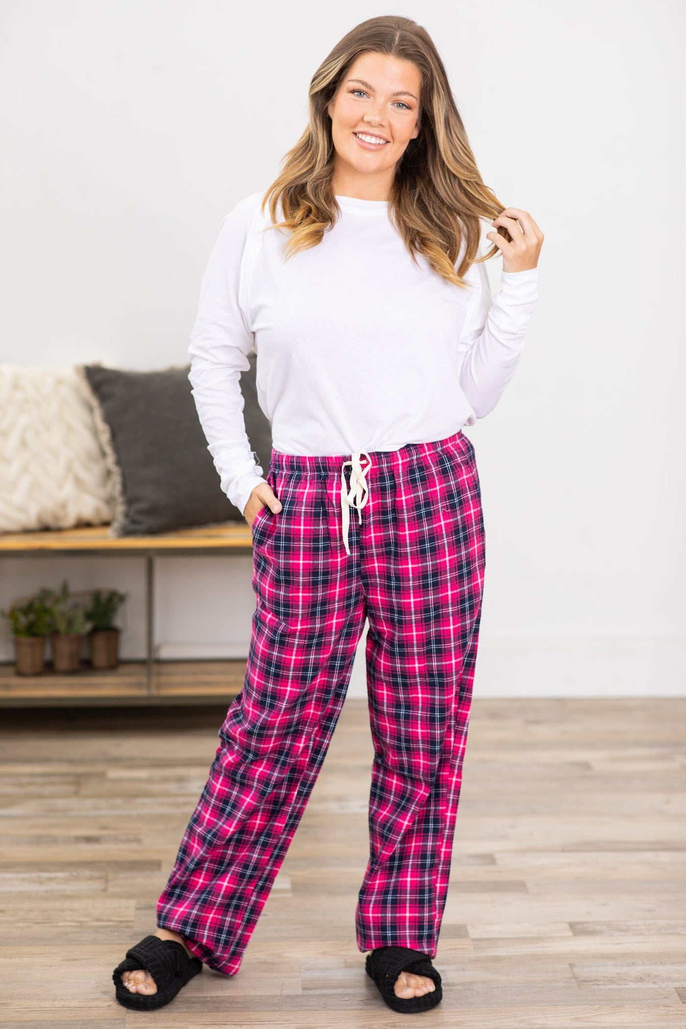 Hot Plaid · Flair Pants Lounge Filly Navy and Pink