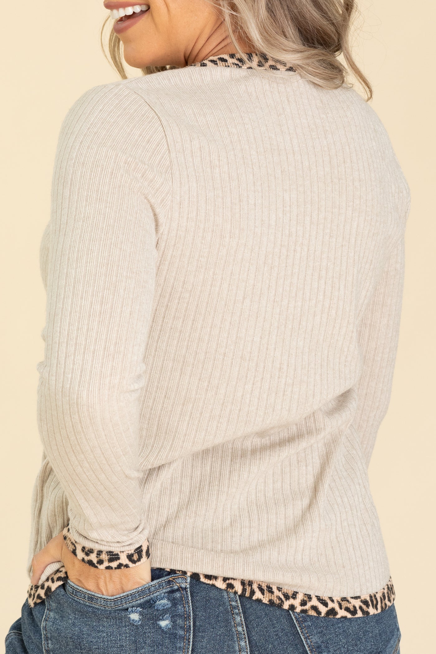 Beige Animal Print Trim Long Sleeve Knit Top
