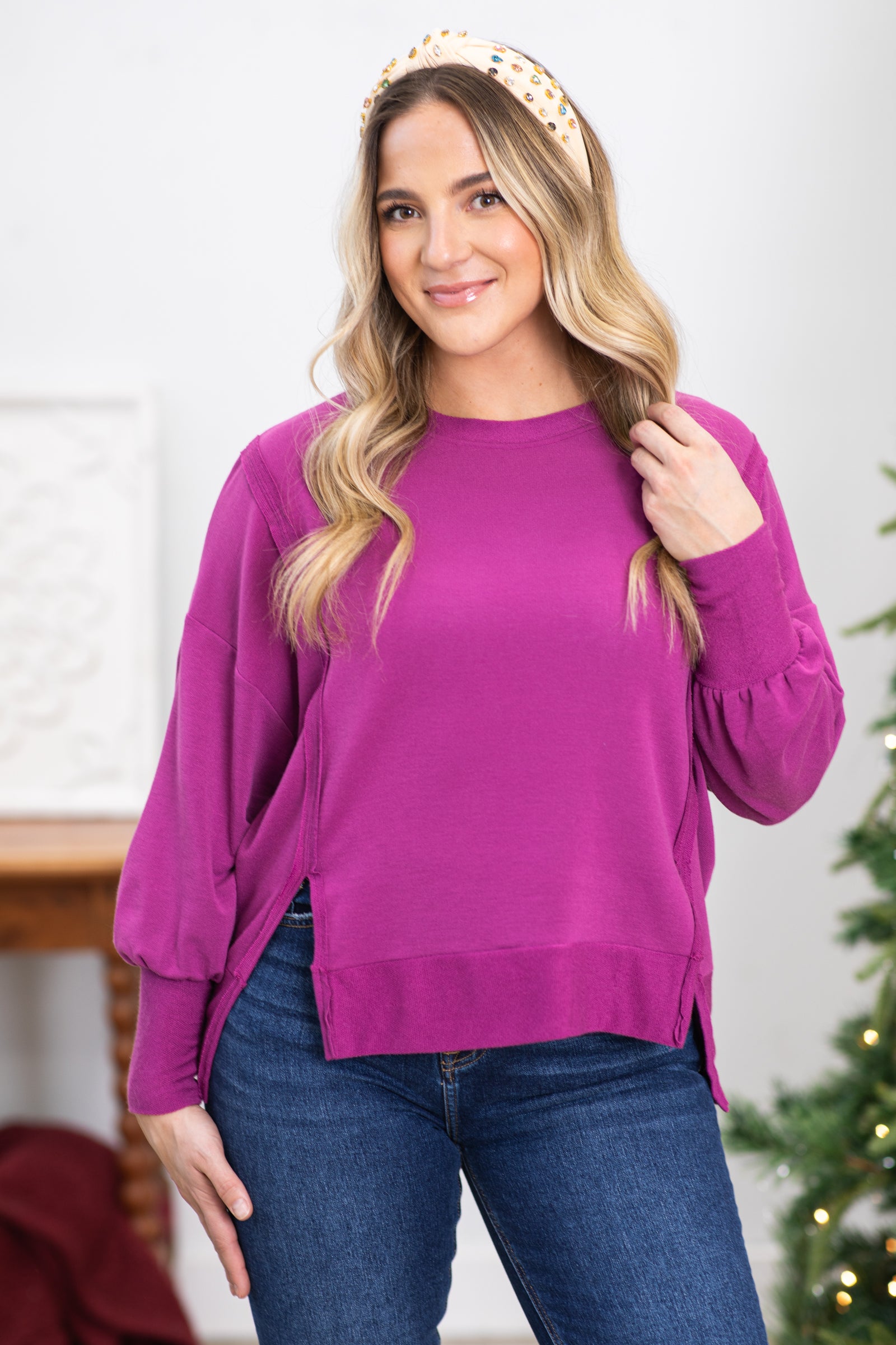 Berry Solid Comfort Round Neck Knit Top