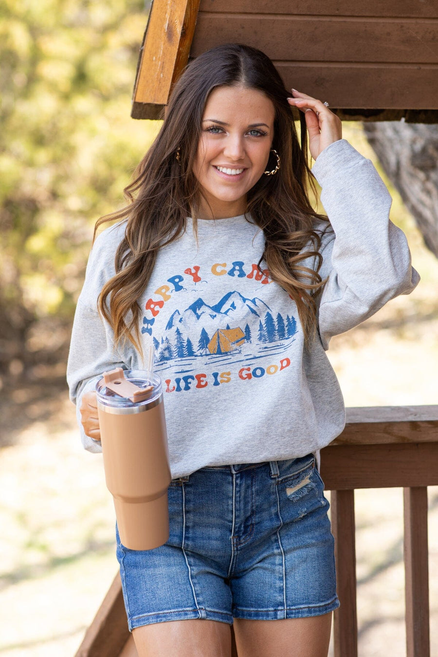 Heather Grey Happy Camper Graphic Sweatshirt - Filly Flair