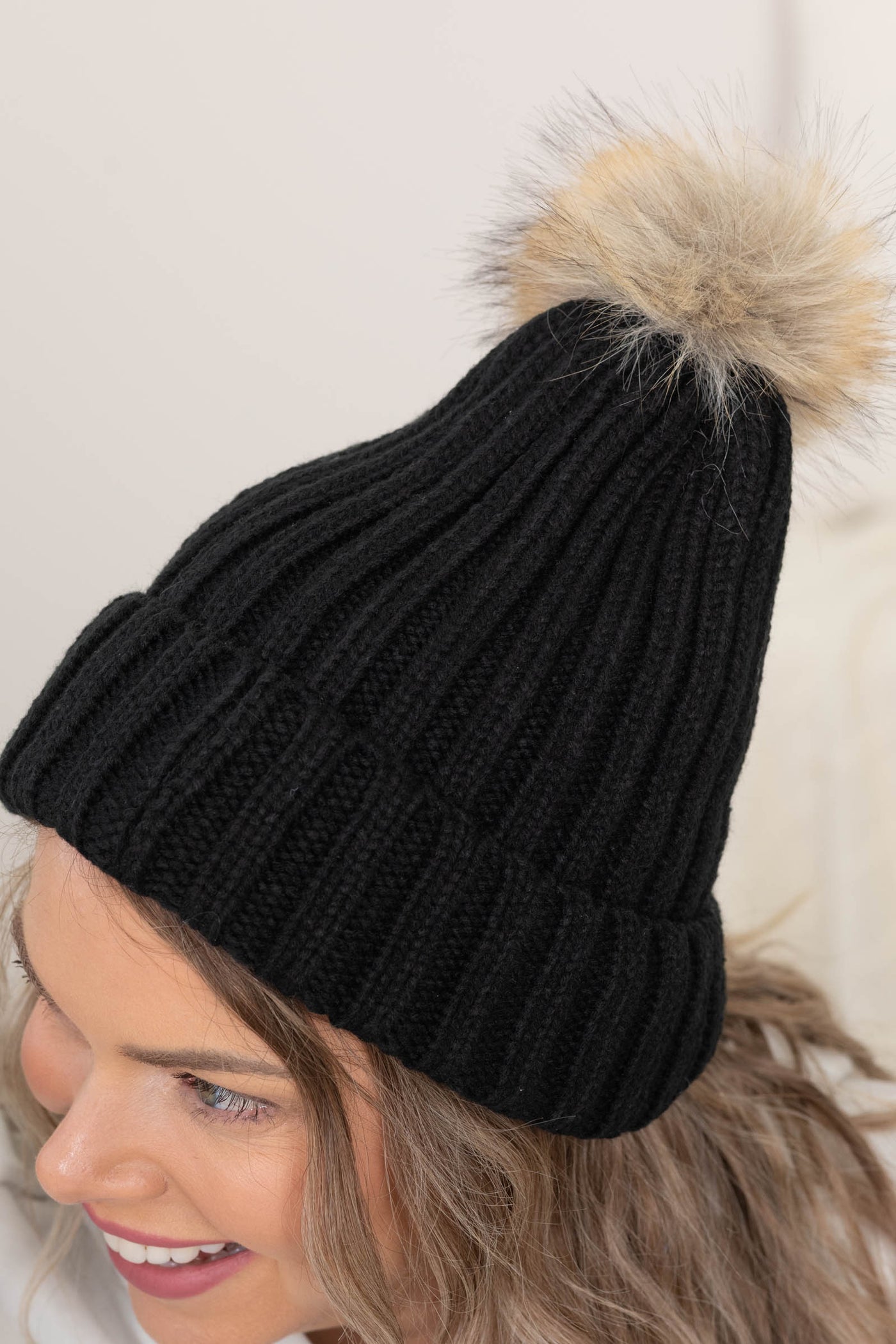 Ribbed Knitted Pom Pom Beanies