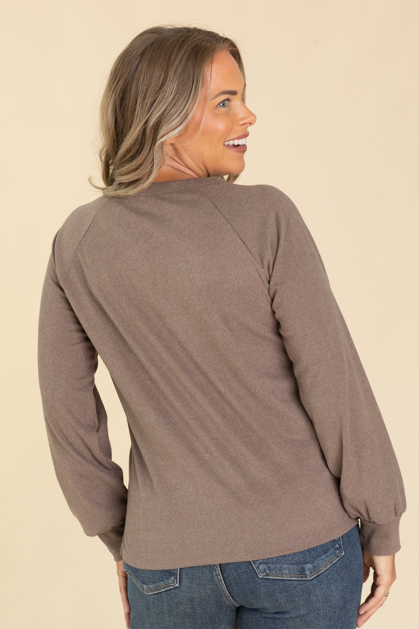 Mocha Split V-Neck Long Sleeve Knit Top