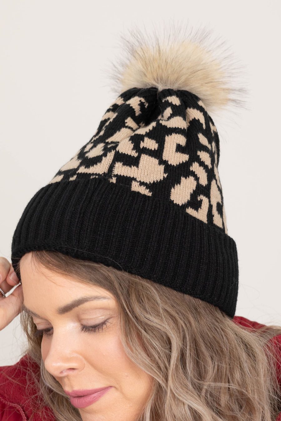 Black Leopard Knit Pom Pom Beanie