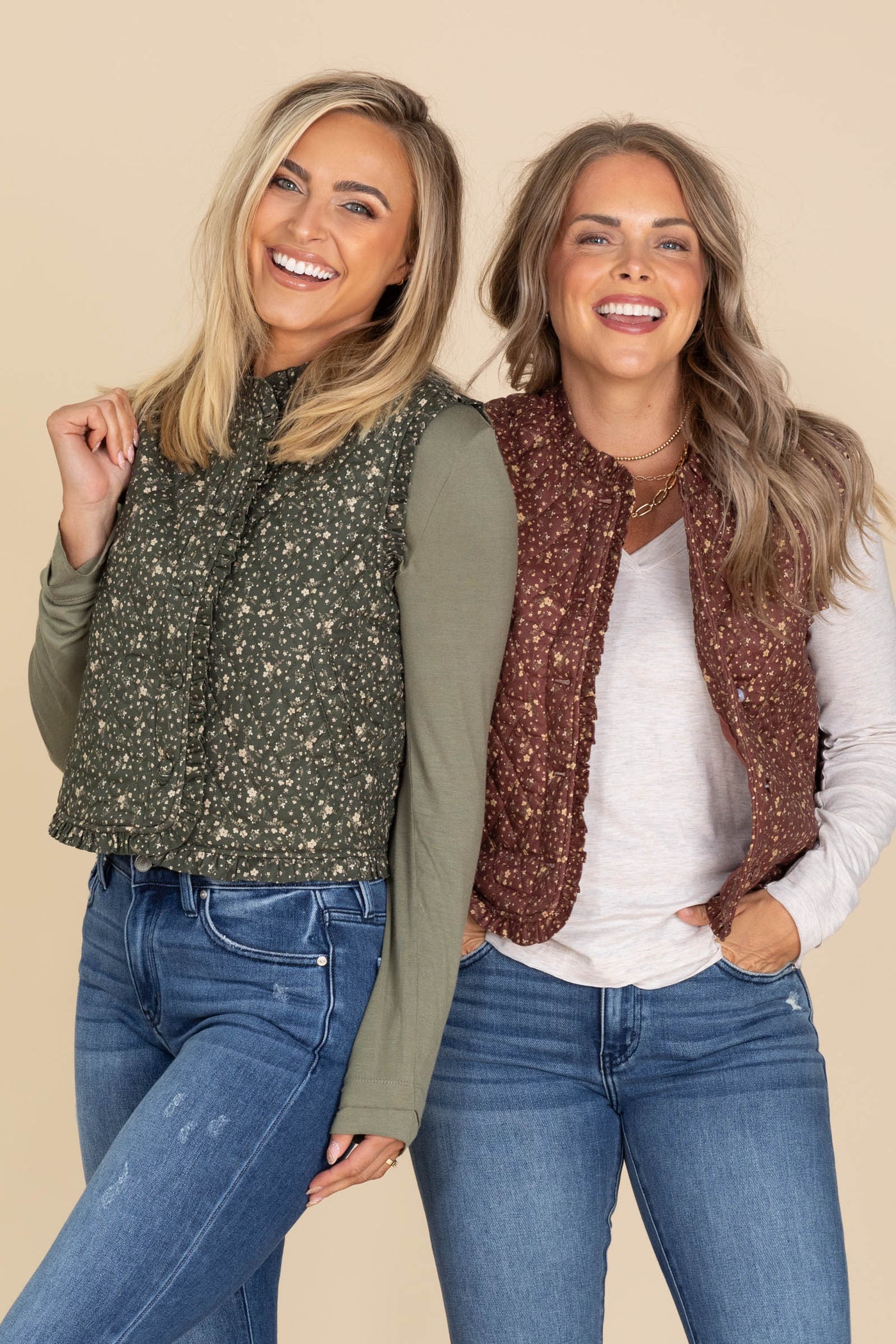 Ditsy Print Ruffle Detail Quilting Vests