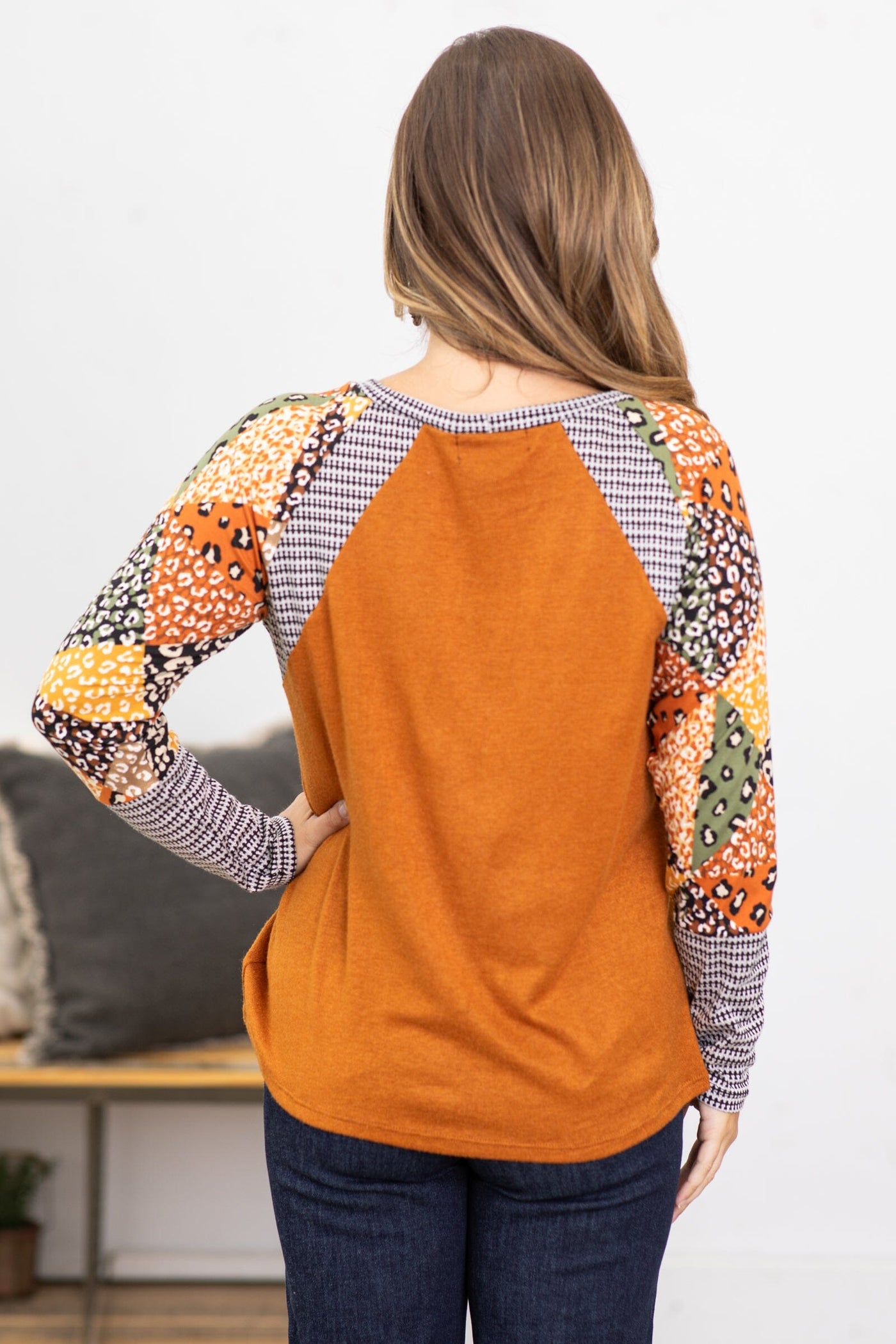 Cognac Top With Patchwork Print Sleeves - Filly Flair