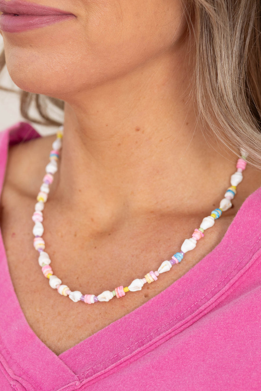 Pink Colorful Disc And Shell Necklace