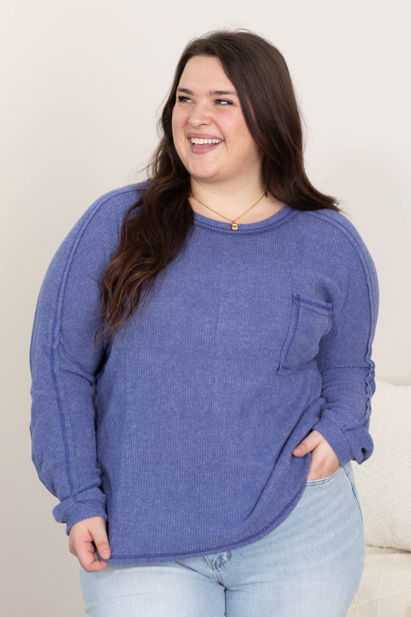 Brushed Ribbed Hacci Round Neck Knit Tops