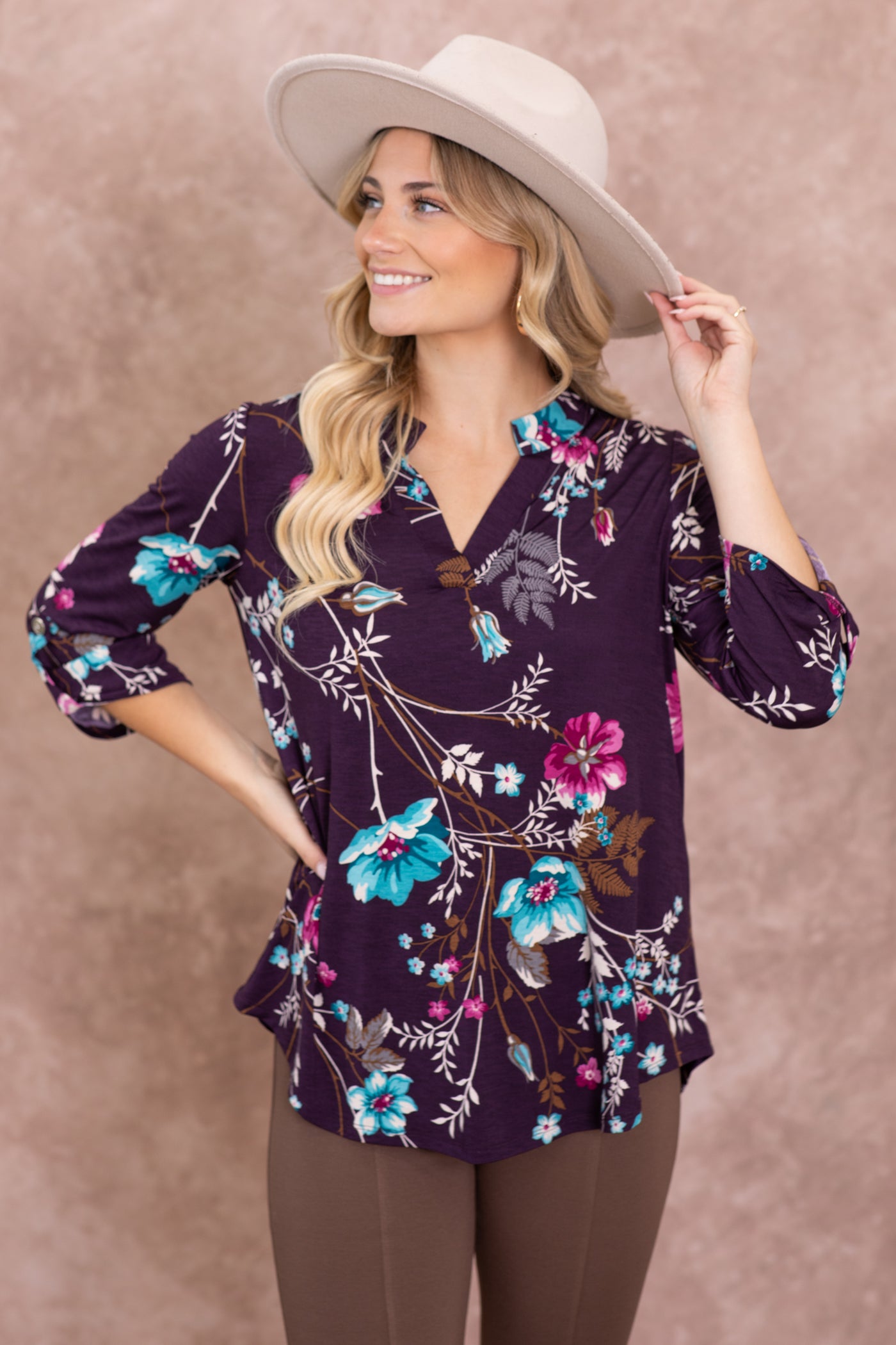 Eggplant Floral Wrinkle Free Lizzy Top