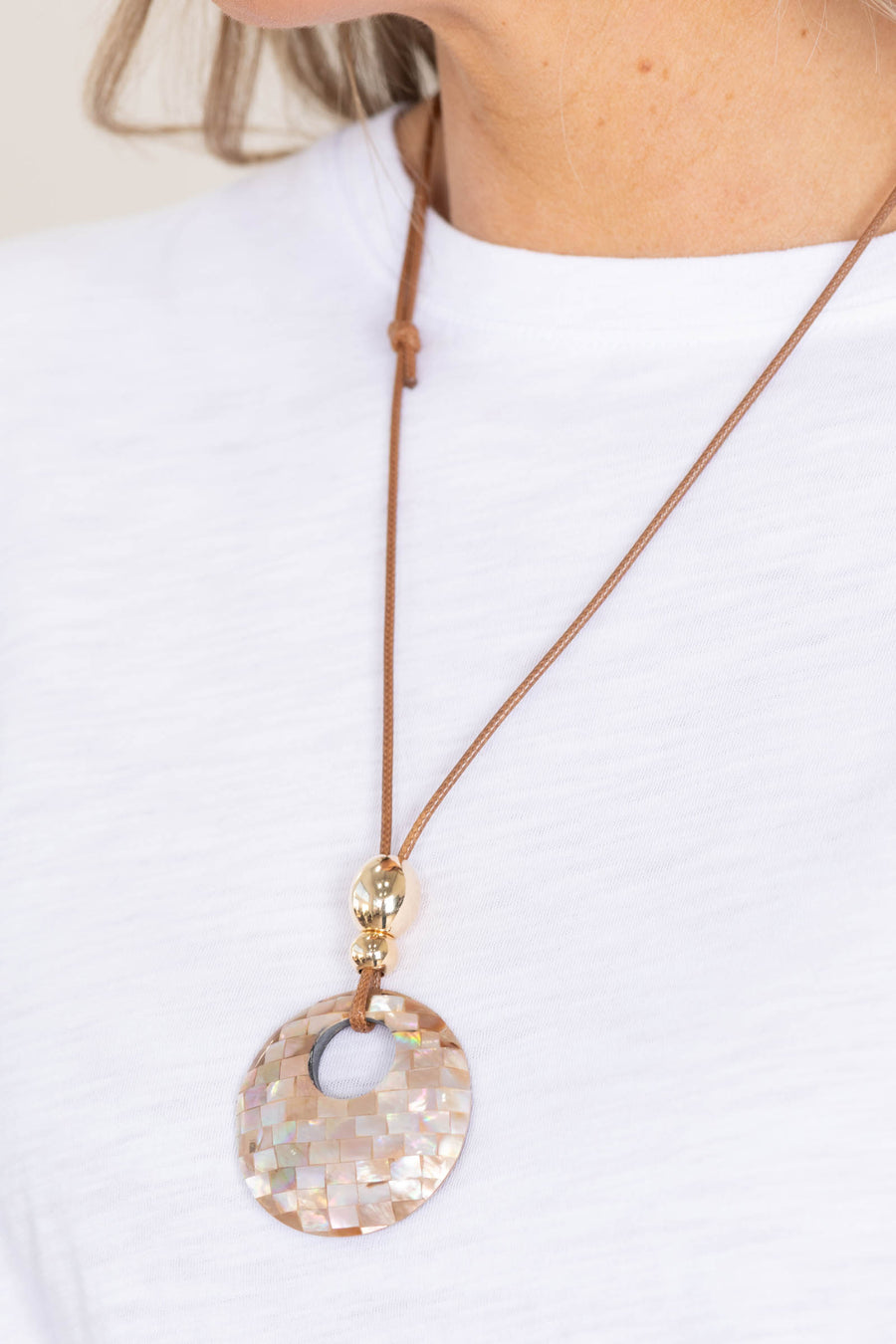 Dusty Pink Shell Mosaic Hoop Pendant Necklace