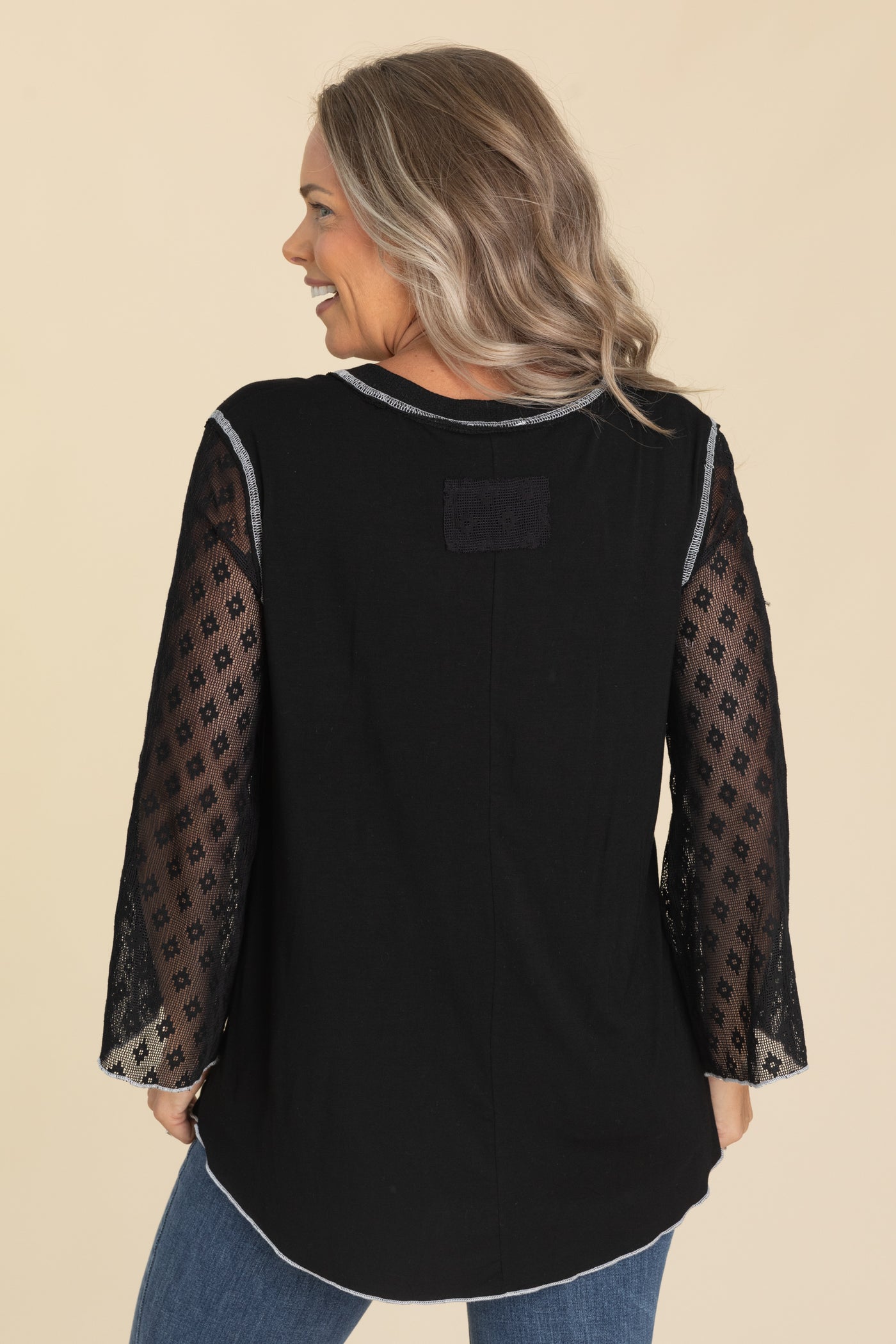 Black Knit Top With Lace Long Sleeves