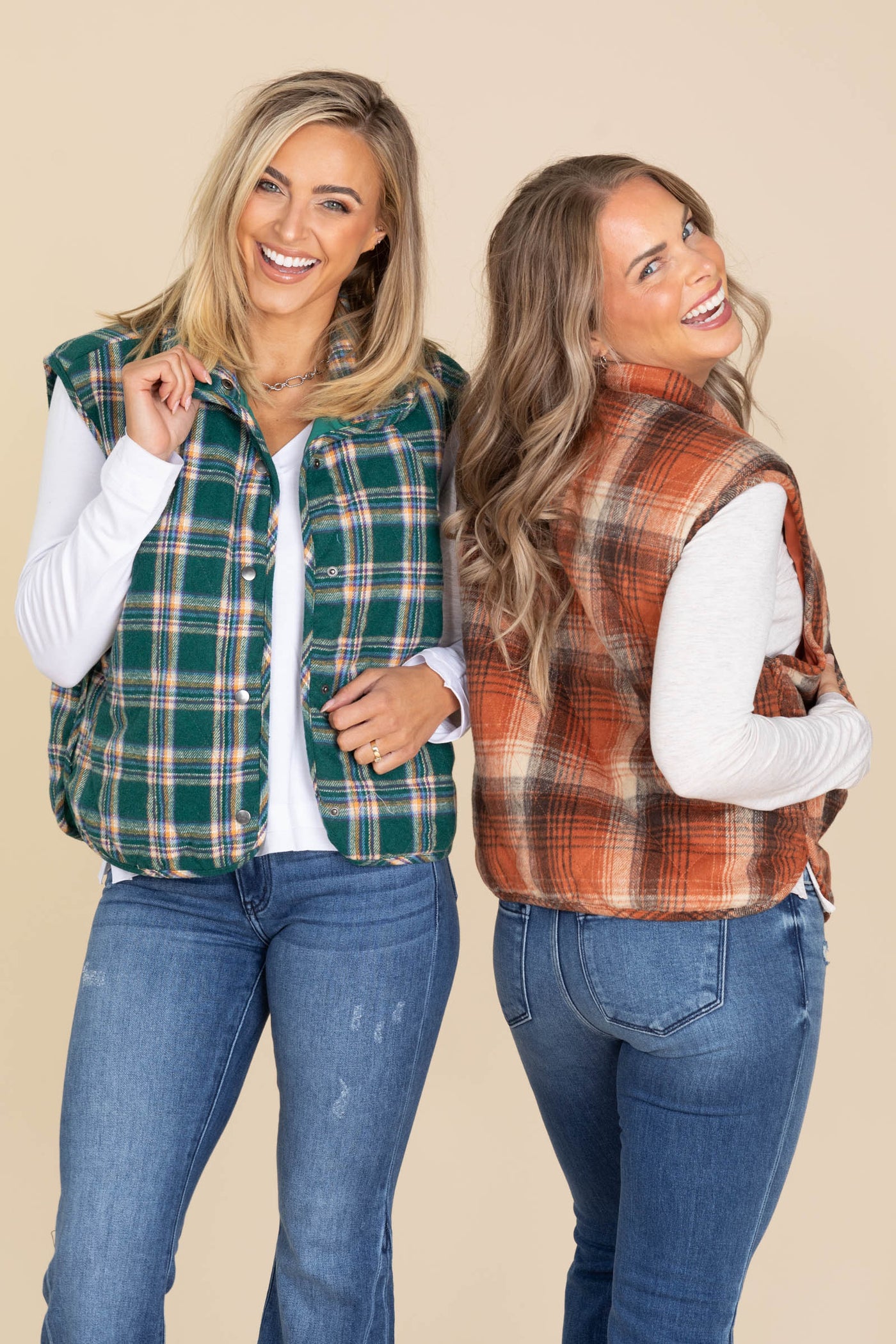 Plaid Button Down Quilted Puffer Vests