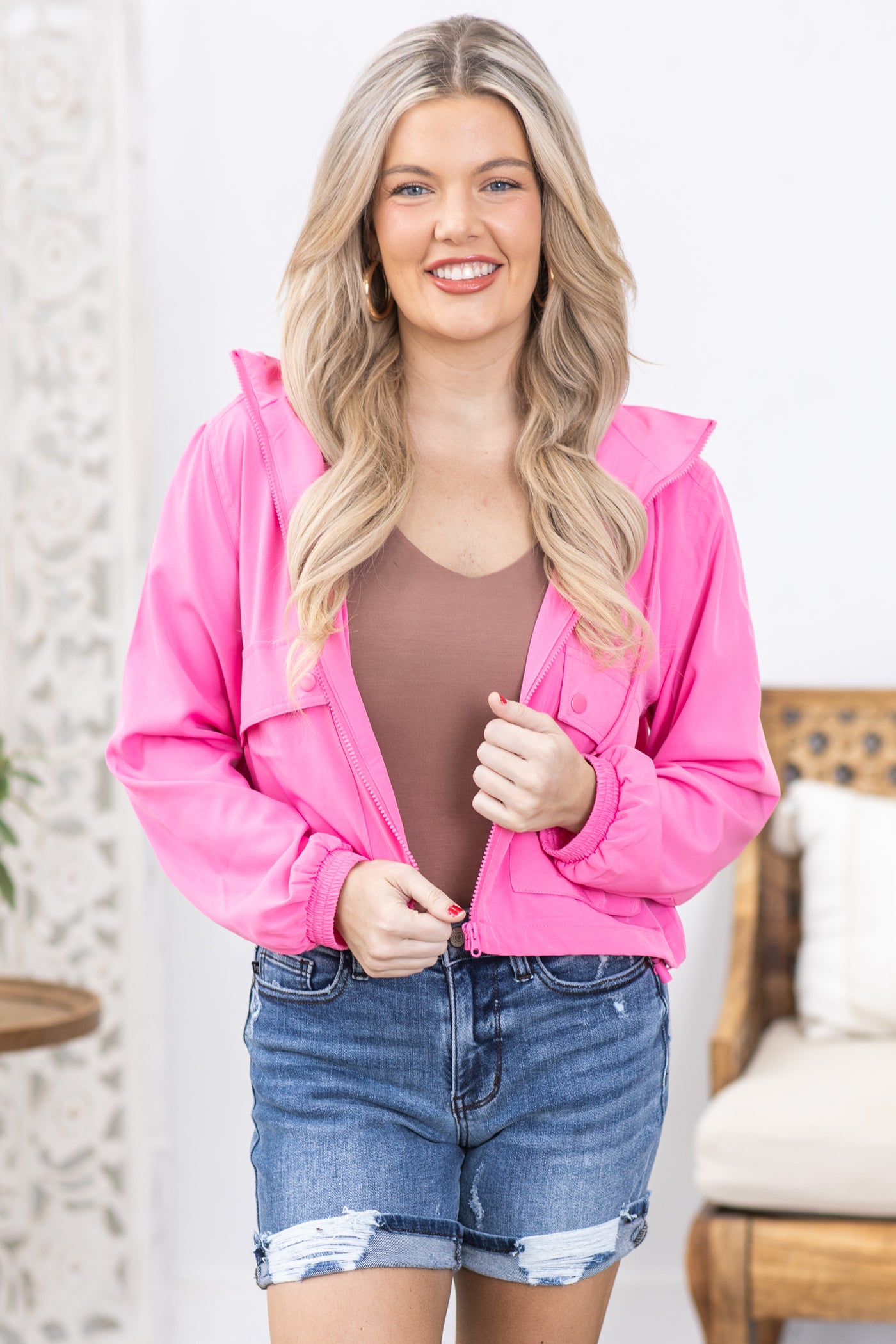 Pink Hooded Jacket With Drawstring
