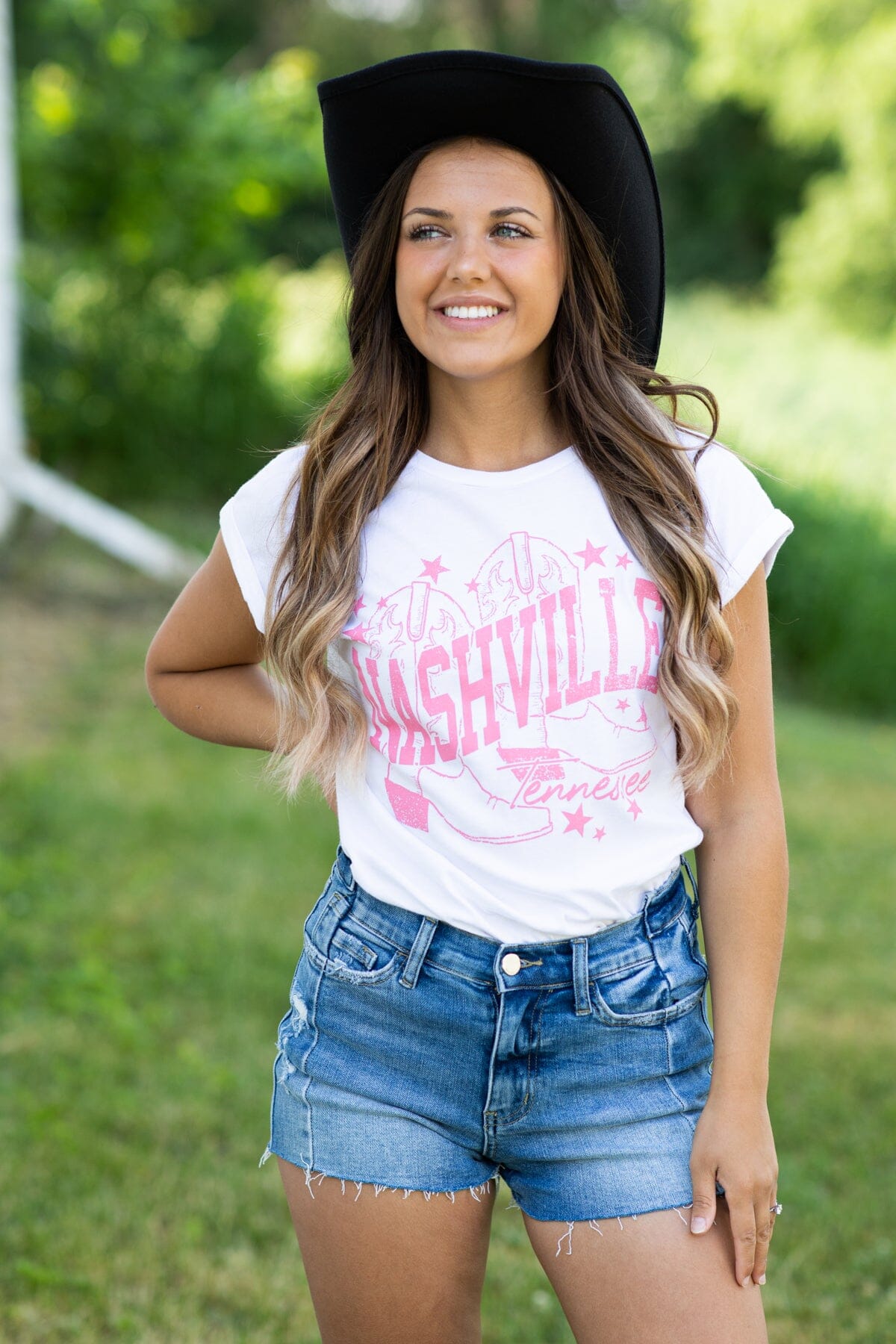 White and Pink Nashville Graphic Tee - Filly Flair