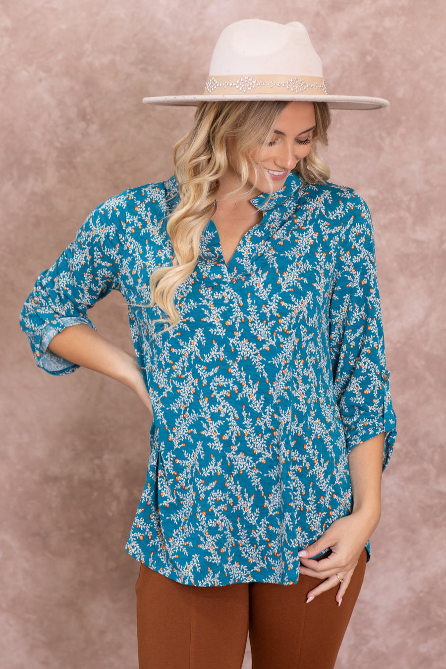Teal Leaf Print Wrinkle Free Lizzy Top