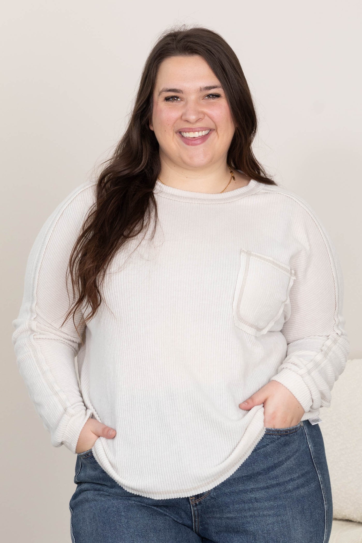 Brushed Ribbed Hacci Round Neck Knit Tops