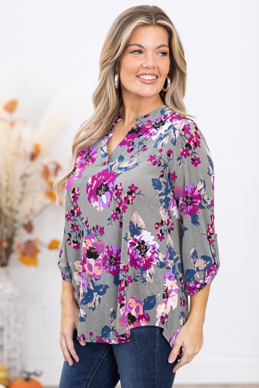 Ash and Orchid Floral Print Notch Neck Top