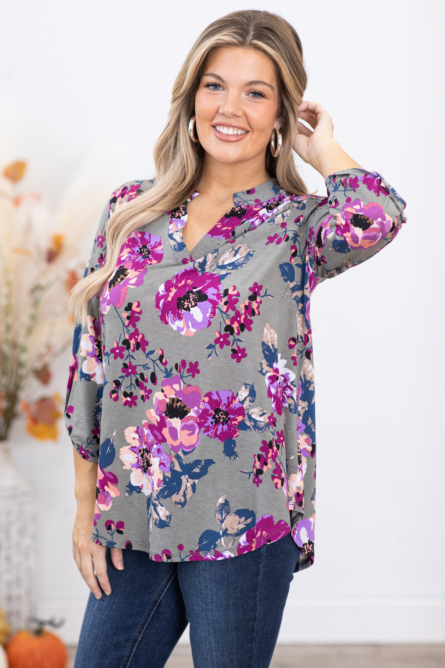 Ash and Orchid Floral Print Notch Neck Top