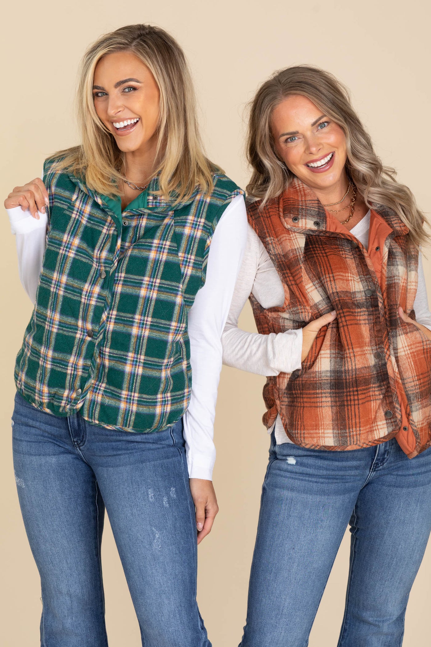 Plaid Button Down Quilted Puffer Vests