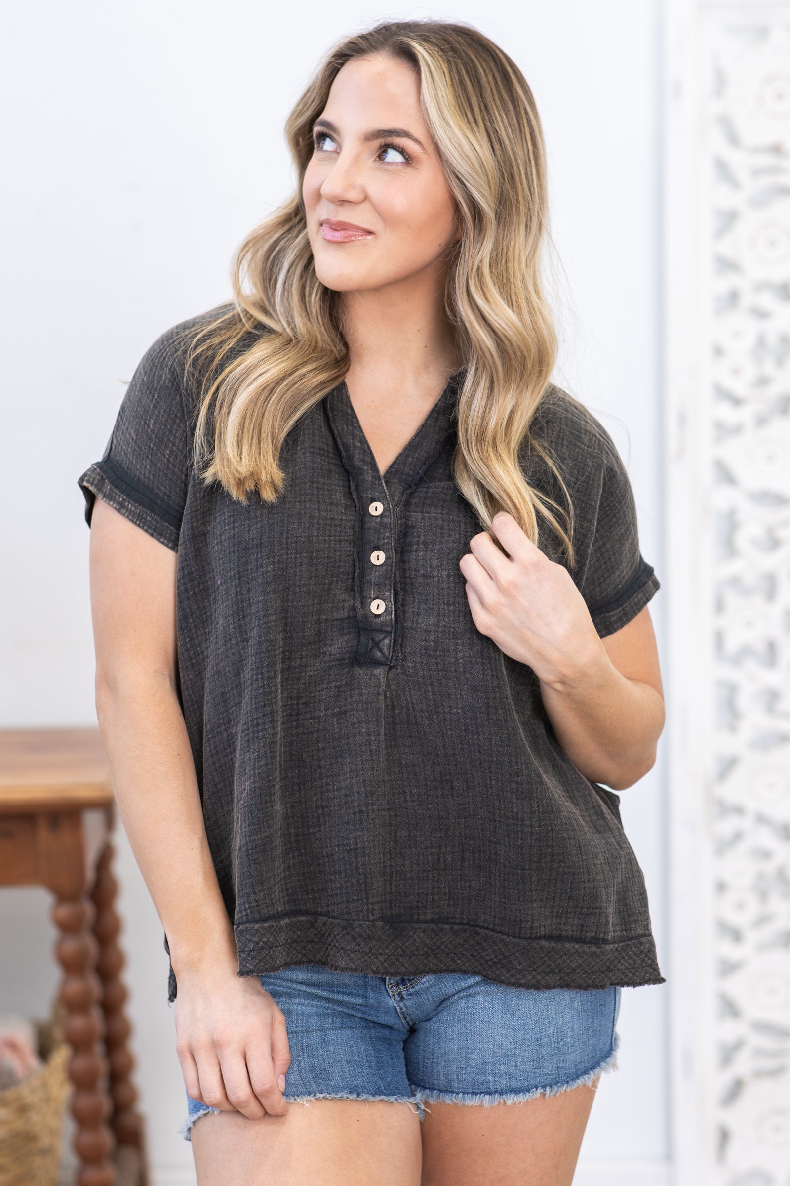 Black Washed Gauze Button Detail Woven Top