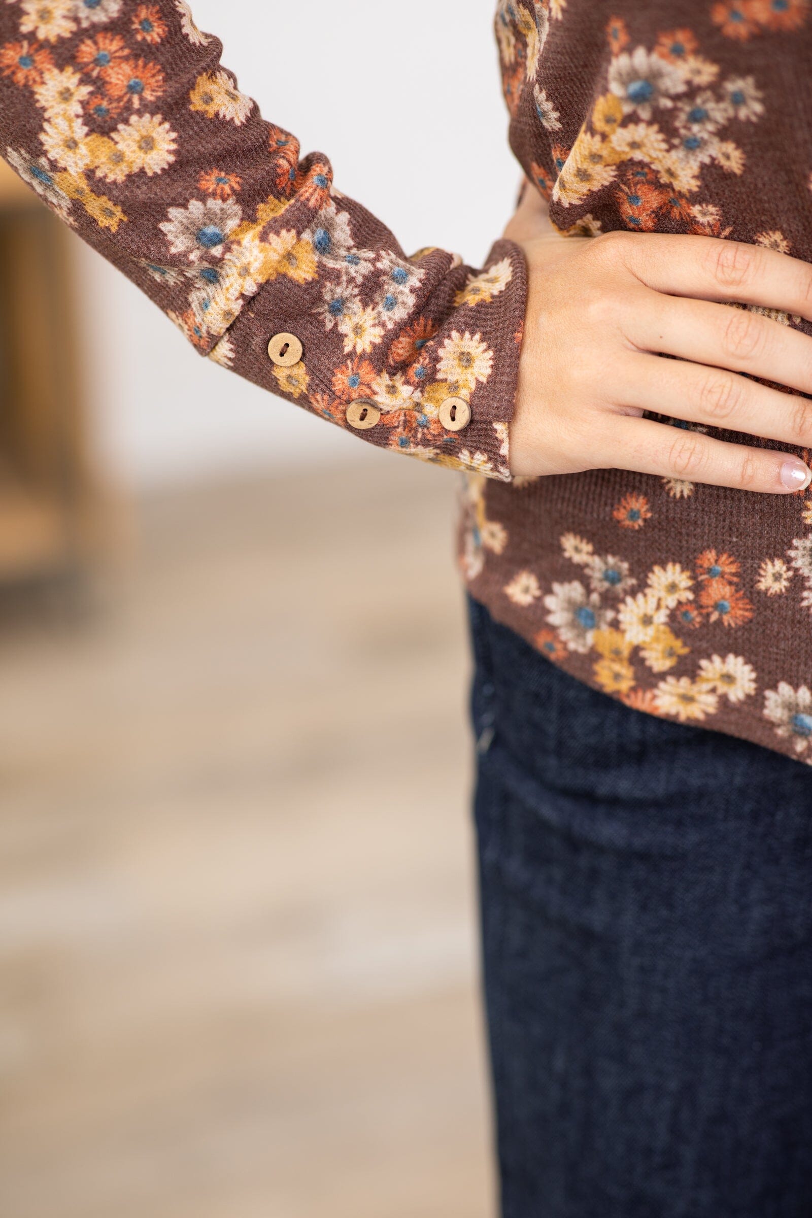 Rust and Tan Floral Print Long Sleeve Top - Filly Flair