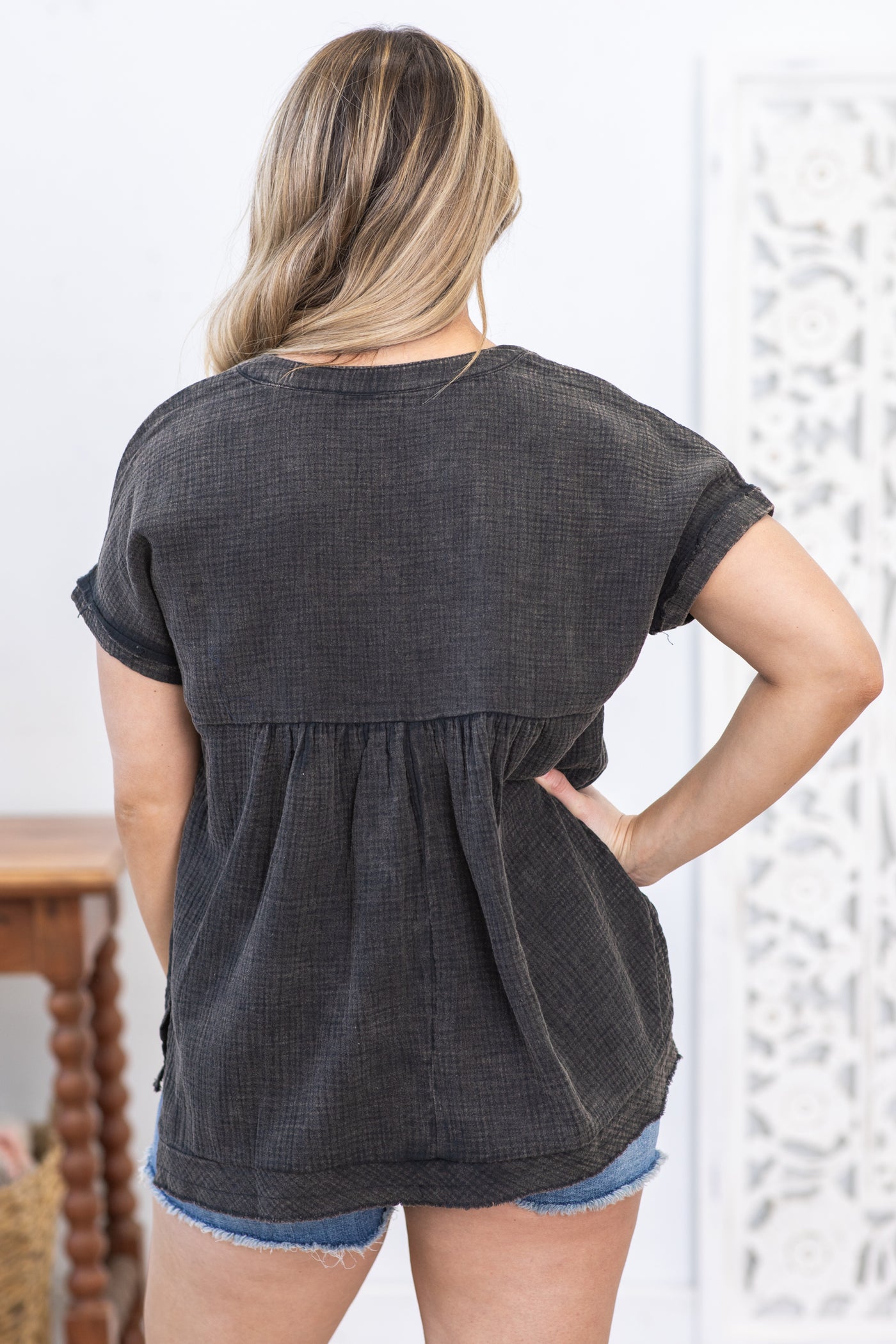 Black Washed Gauze Button Detail Woven Top
