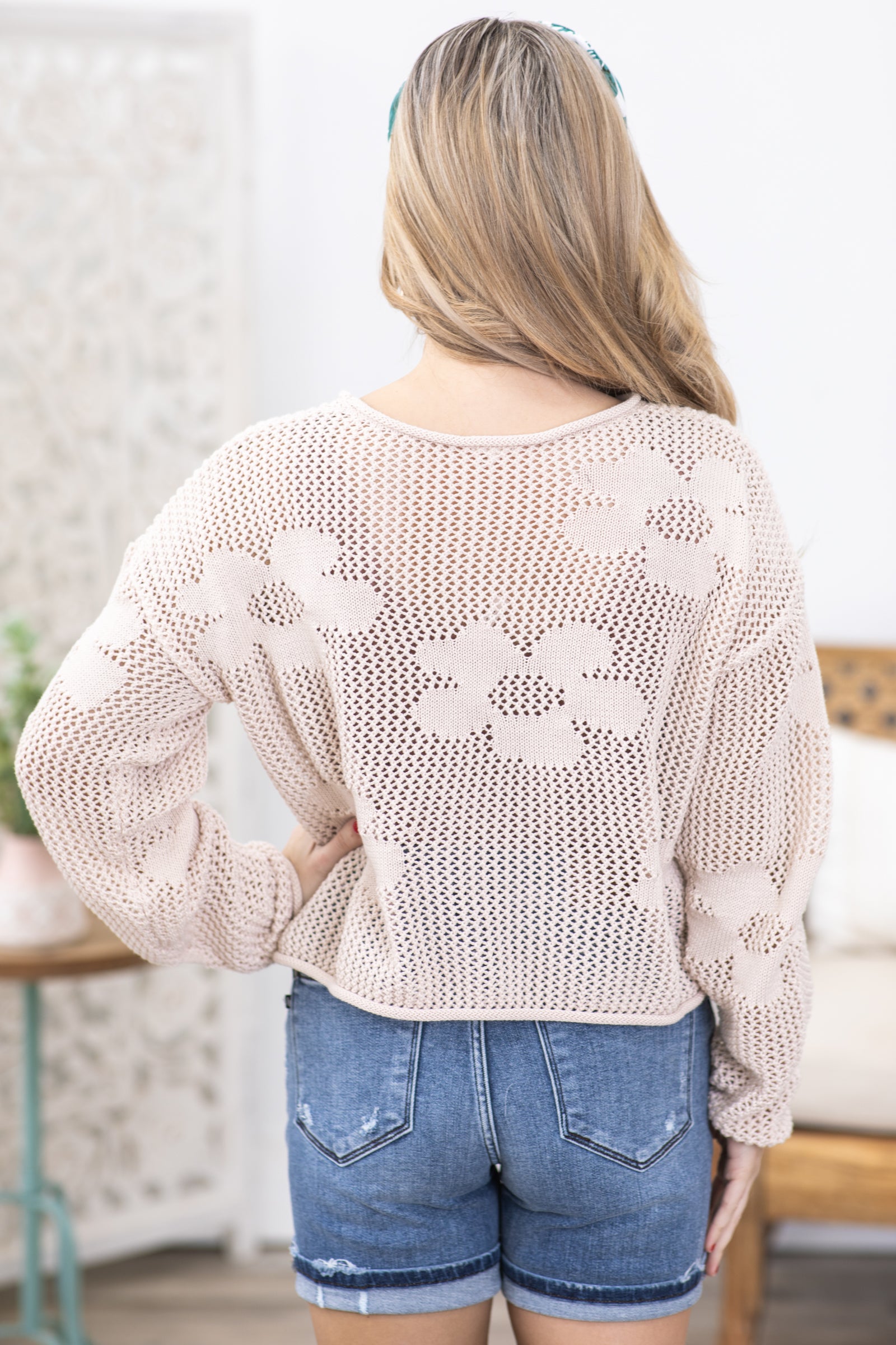 Beige Flower Pattern Crochet Sweater Top