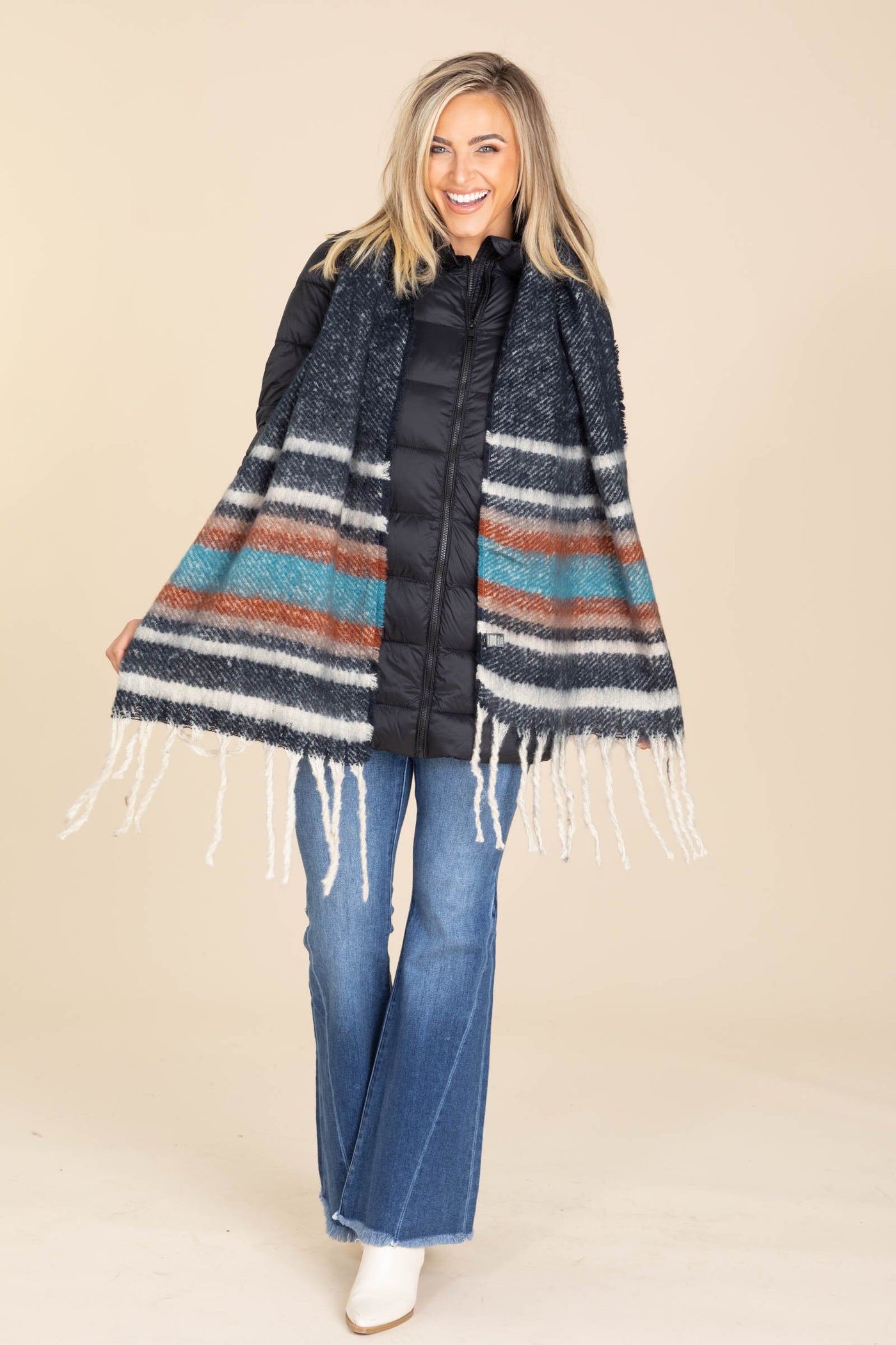 Navy Multi Stripe Cozy Scarf With Fringe