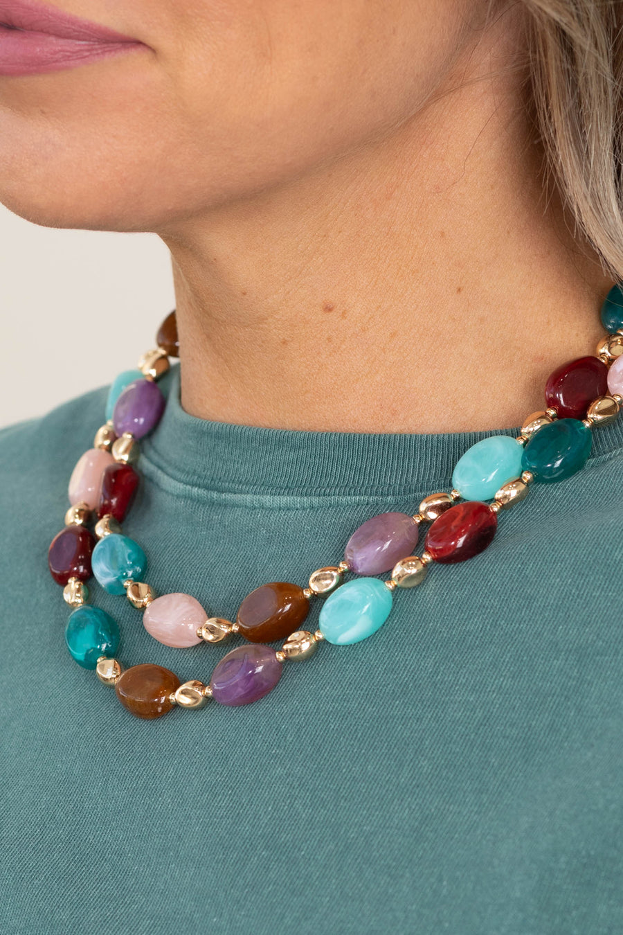 Teal Multicolor Resin Bead Layered Necklace