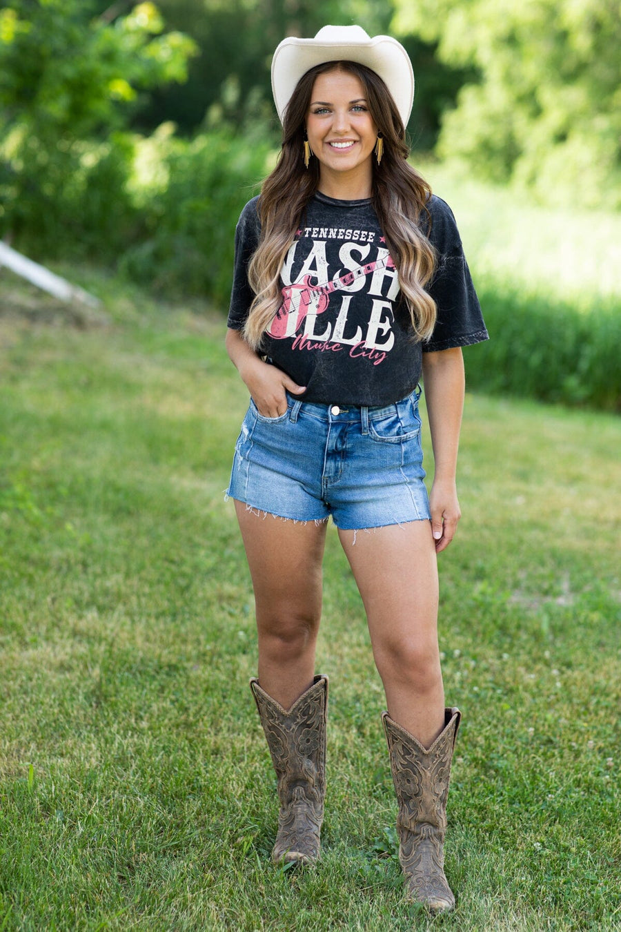 Black Washed Nashville Music City Graphic Tee - Filly Flair