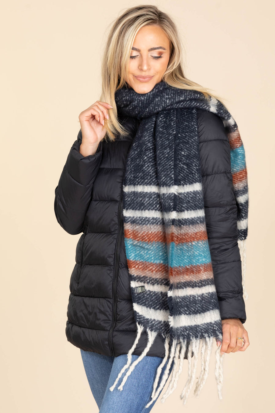 Navy Multi Stripe Cozy Scarf With Fringe