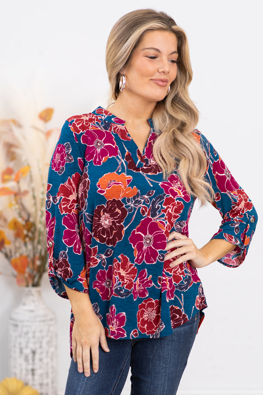 Slate Blue Floral Wrinkle Free Lizzy Top