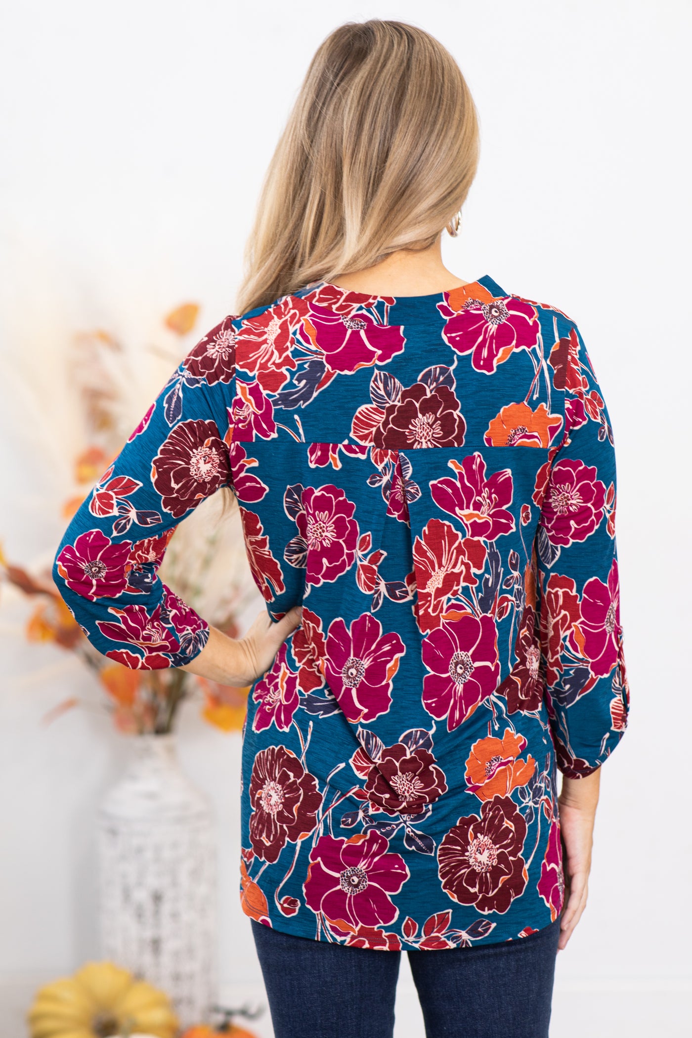 Slate Blue and Berry Floral Print Notch Neck Top