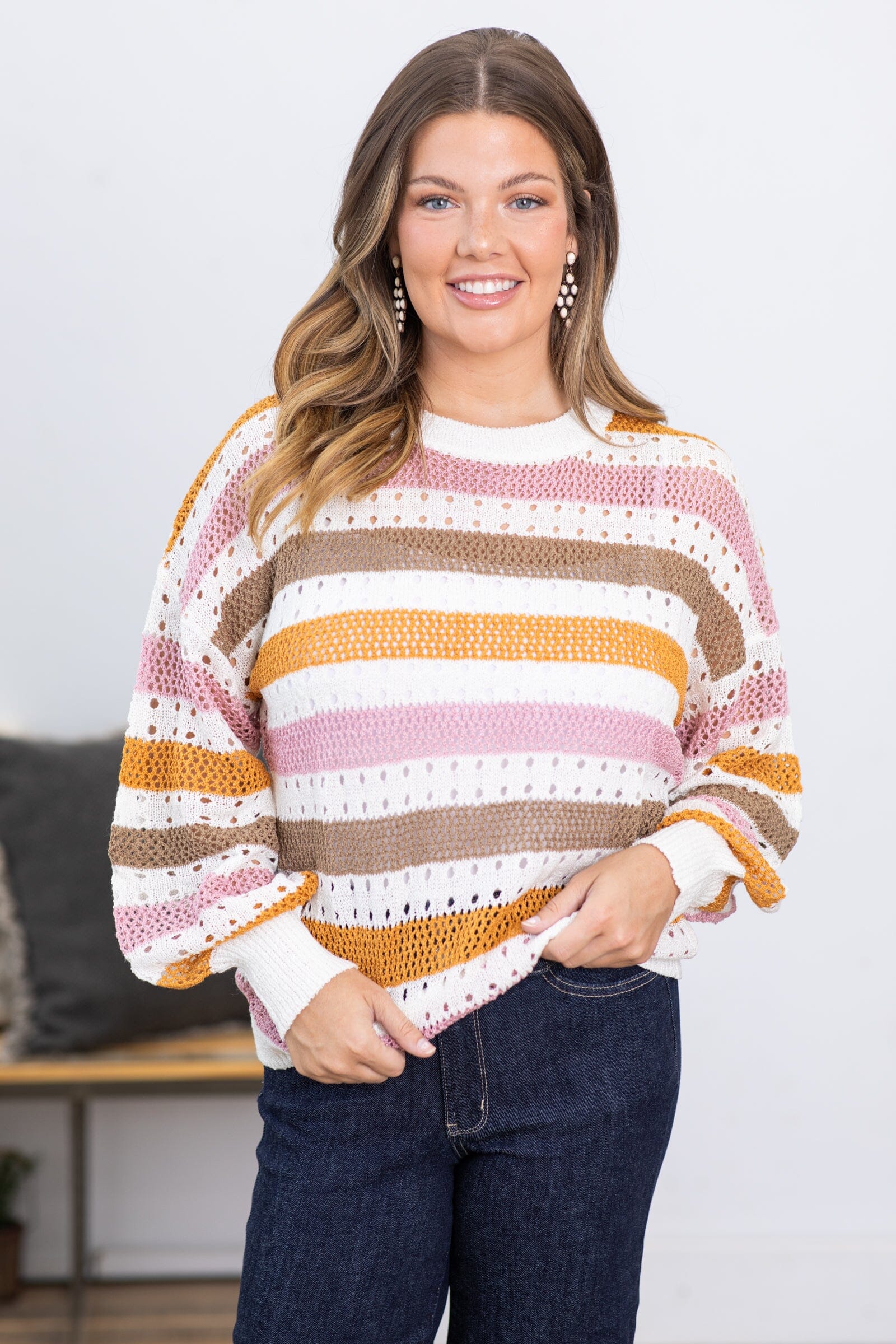 Copper and Blush Stripe Open Knit Sweater - Filly Flair