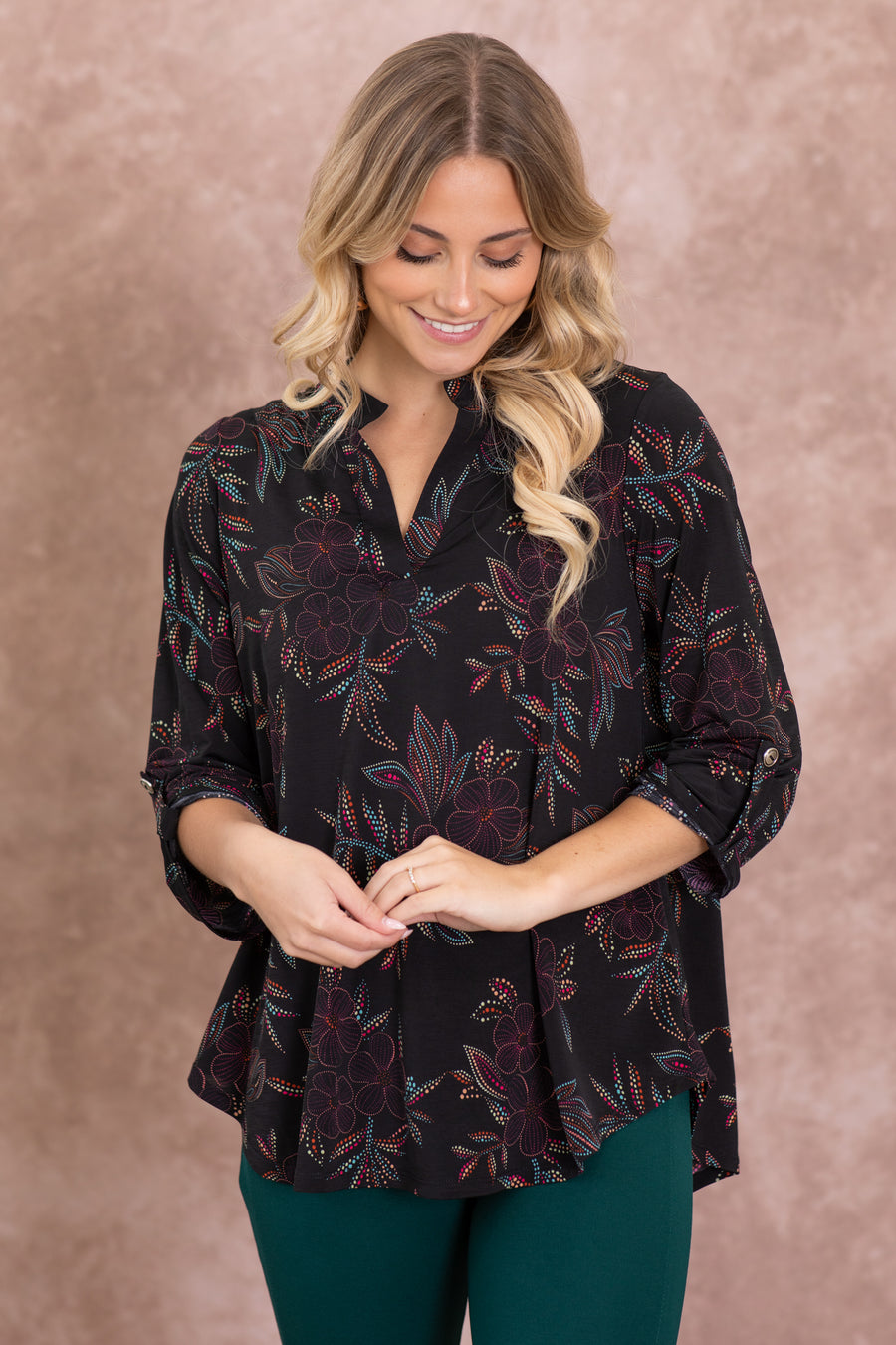Black Wrinkle Free Printed Lizzy Top