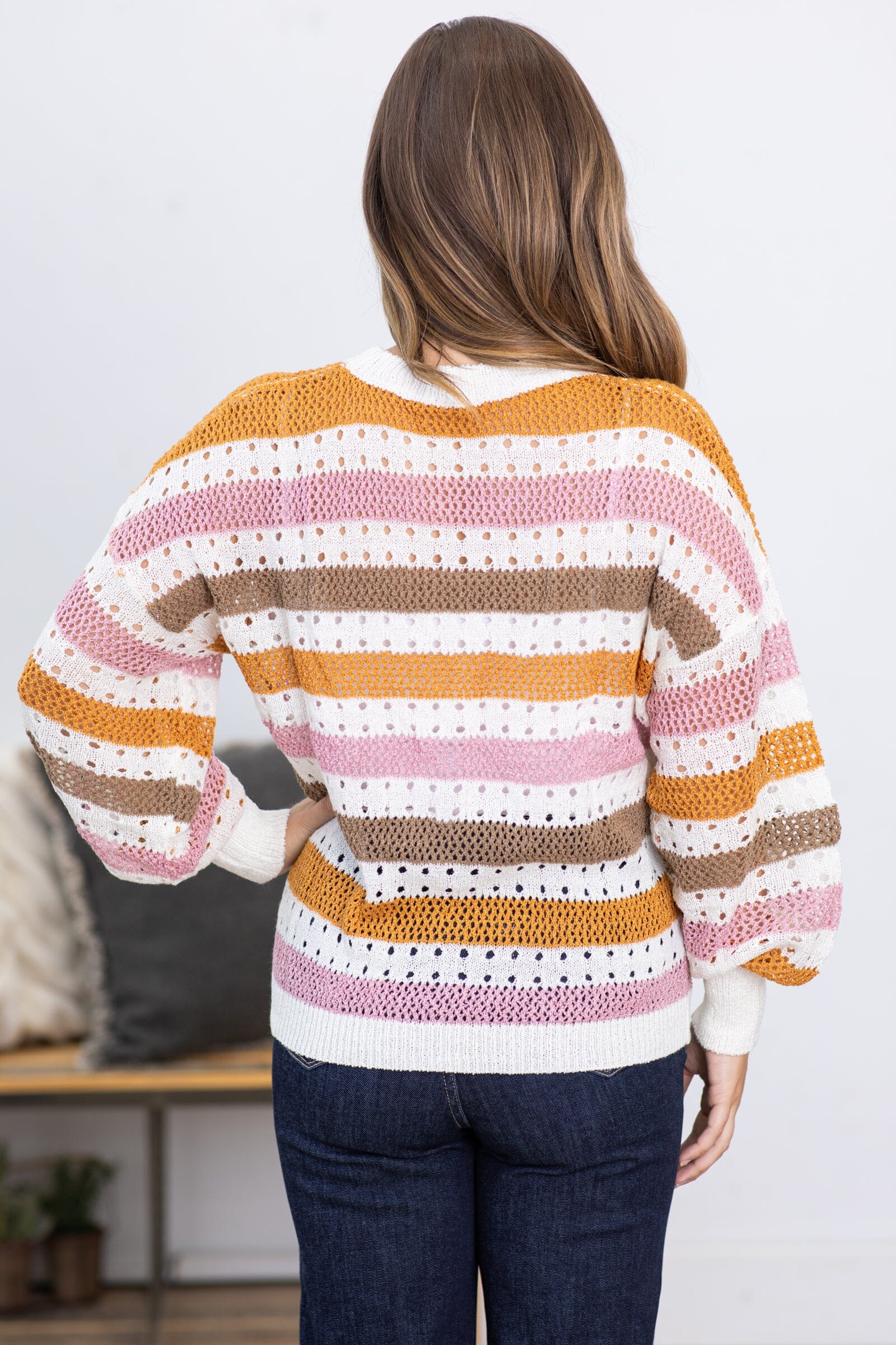 Copper and Blush Stripe Open Knit Sweater - Filly Flair