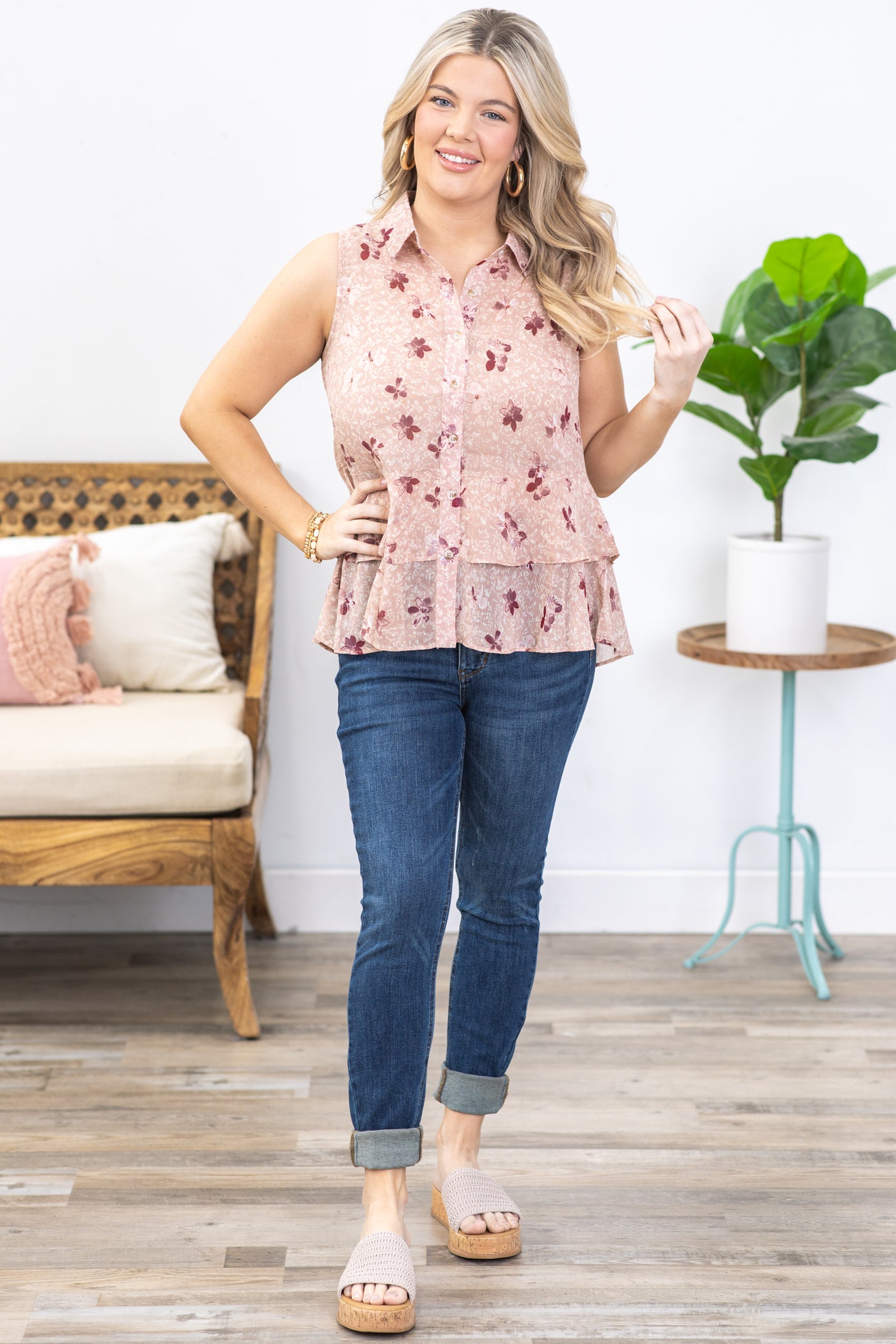 Dusty Rose Button Down Ruffle Floral Woven Top