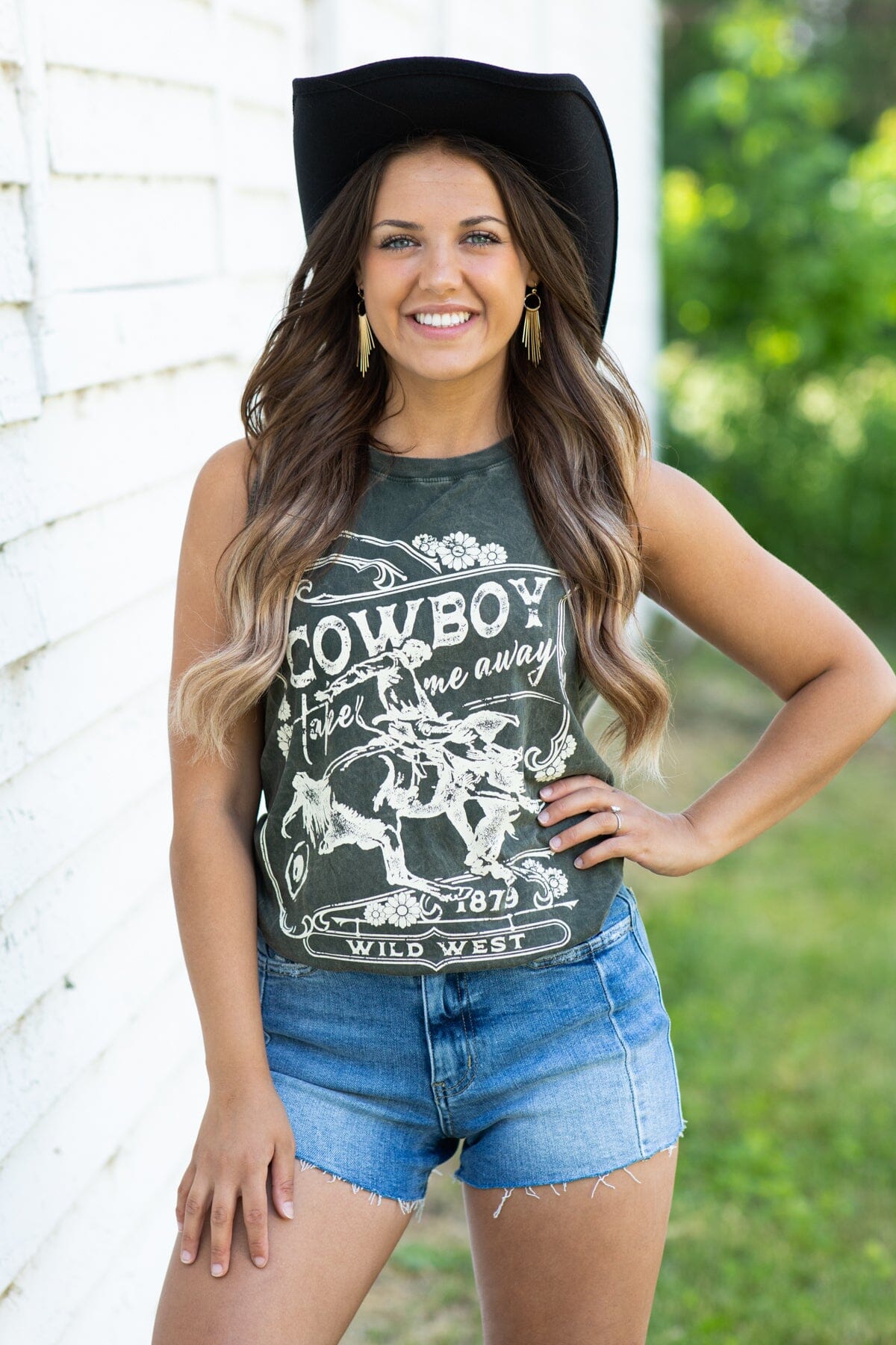 Olive Washed Cowboy Take Me Away Graphic Tank - Filly Flair