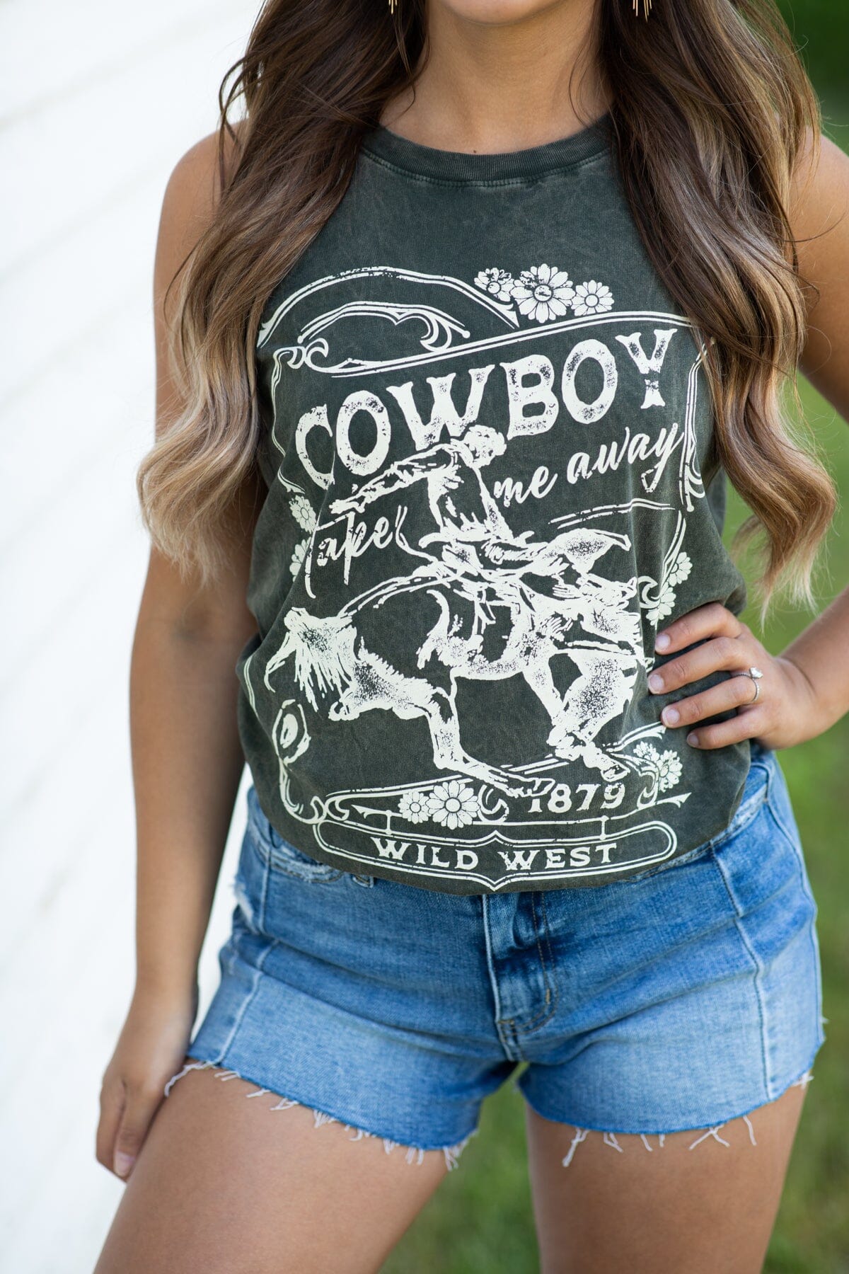 Olive Washed Cowboy Take Me Away Graphic Tank - Filly Flair