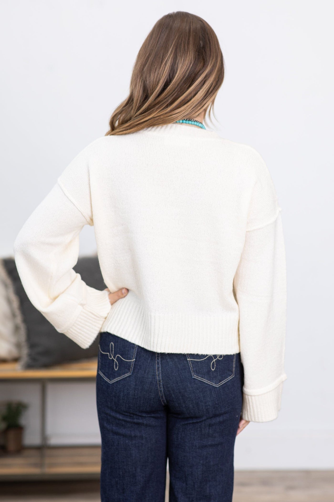 Ivory Ribbed Trim Crew Neck Sweater - Filly Flair