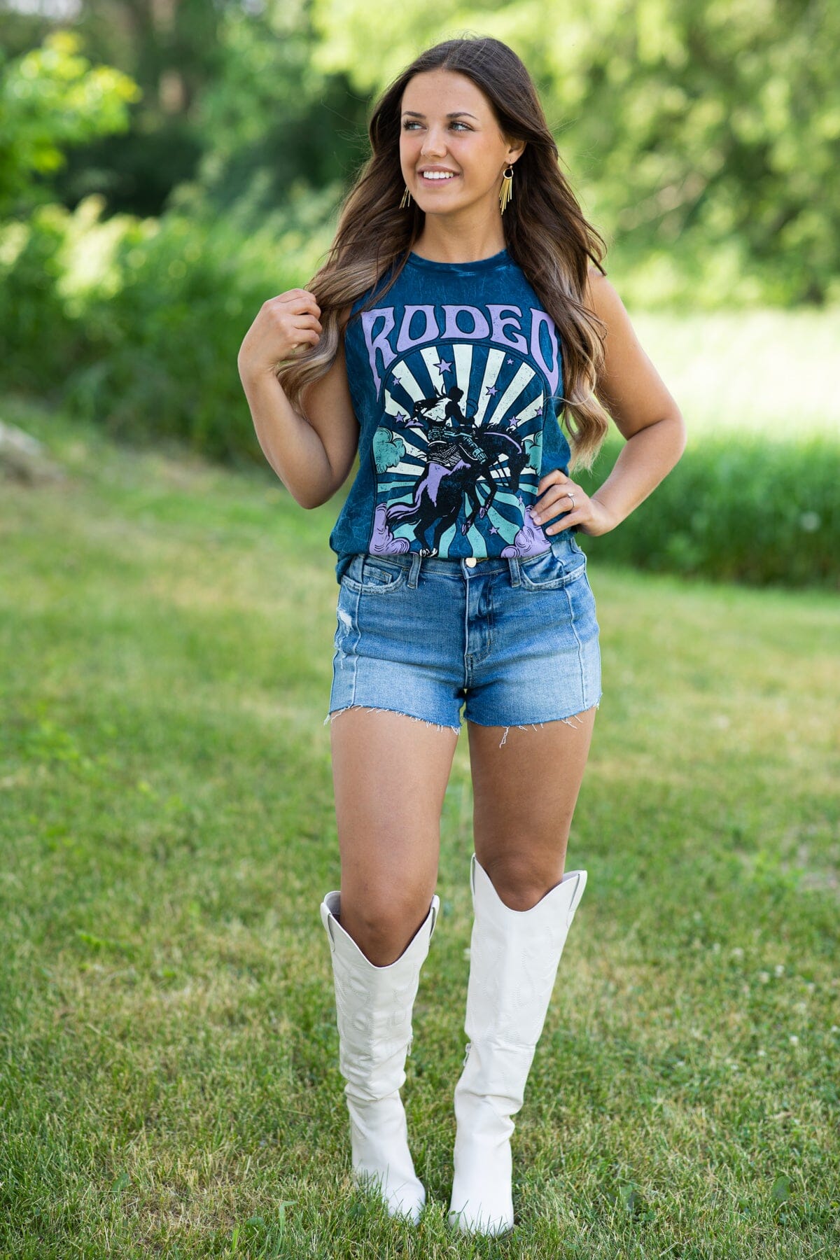 Slate Blue Washed Rodeo Wild West Graphic Tank - Filly Flair