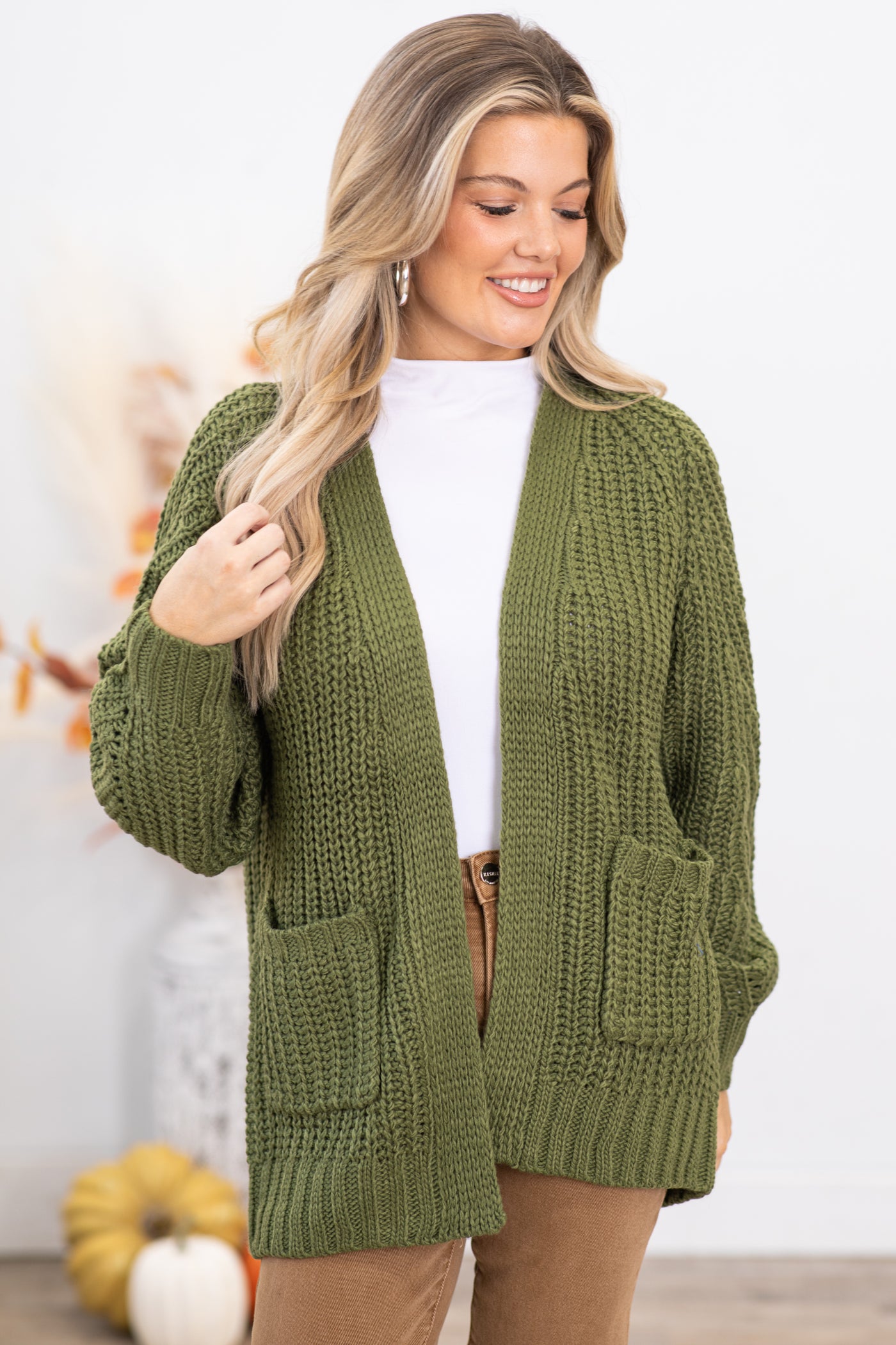 Olive Chunky Knit Cardigan With Pockets
